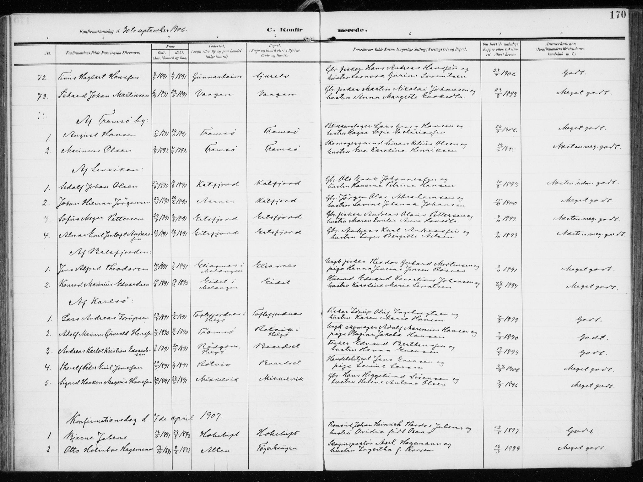 Tromsøysund sokneprestkontor, SATØ/S-1304/G/Ga/L0007kirke: Parish register (official) no. 7, 1907-1914, p. 170