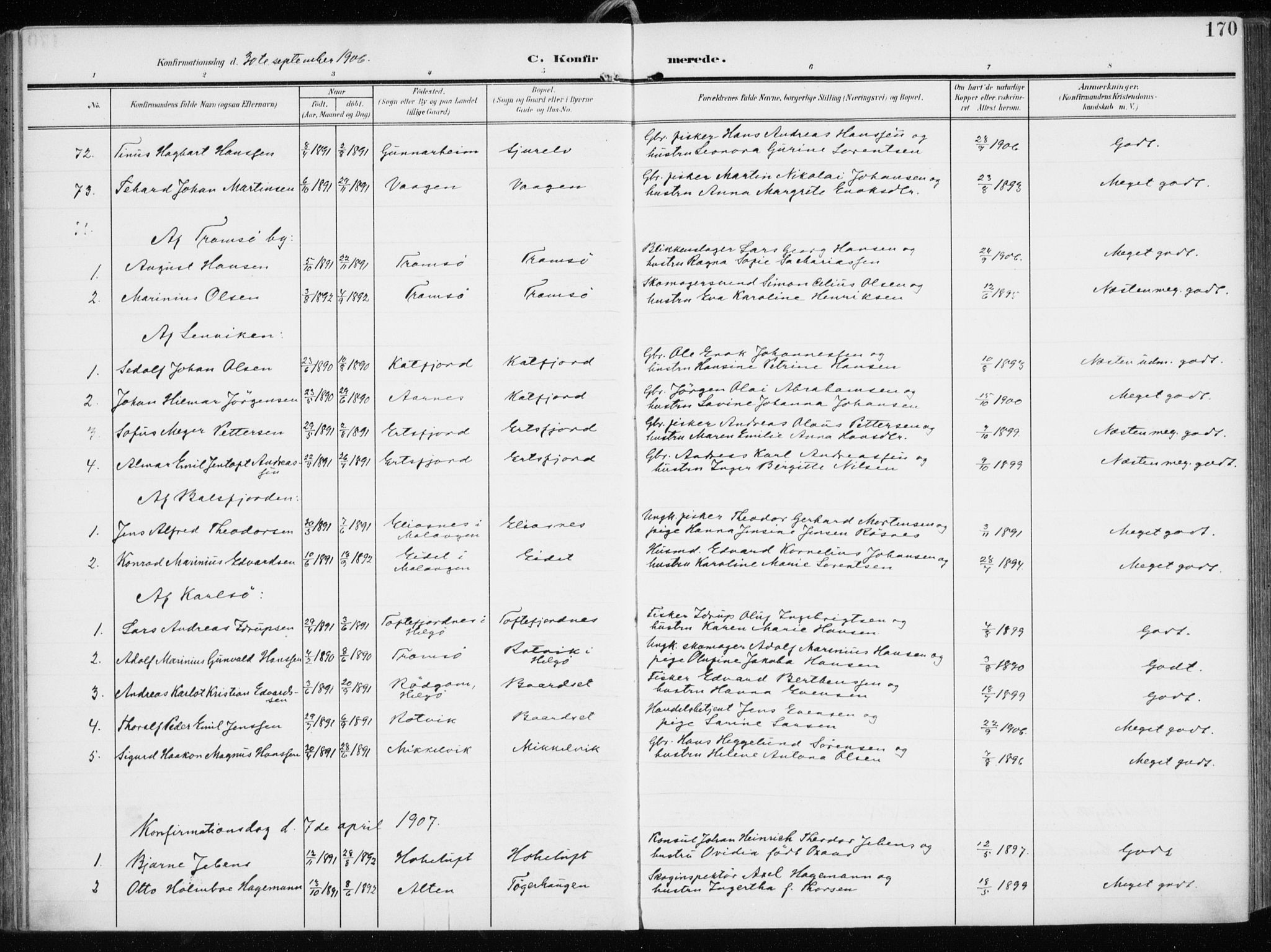 Tromsøysund sokneprestkontor, AV/SATØ-S-1304/G/Ga/L0007kirke: Parish register (official) no. 7, 1907-1914, p. 170