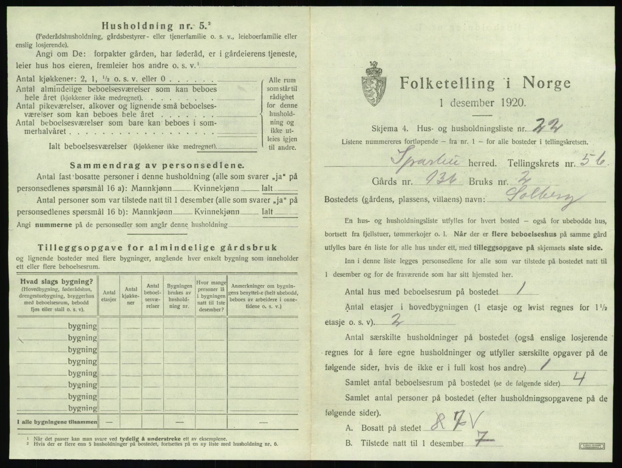 SAT, 1920 census for Sparbu, 1920, p. 999