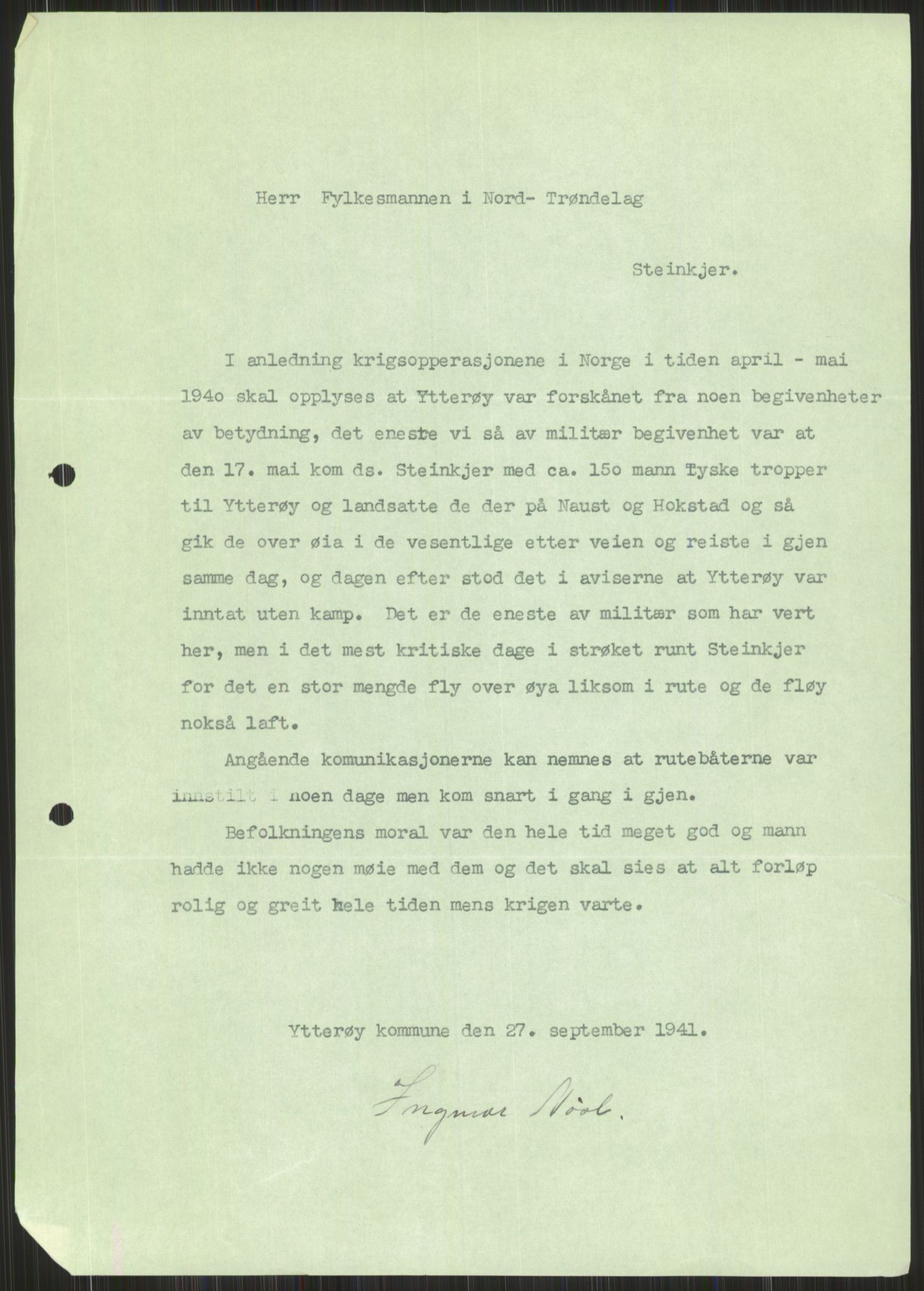 Forsvaret, Forsvarets krigshistoriske avdeling, AV/RA-RAFA-2017/Y/Ya/L0016: II-C-11-31 - Fylkesmenn.  Rapporter om krigsbegivenhetene 1940., 1940, p. 607