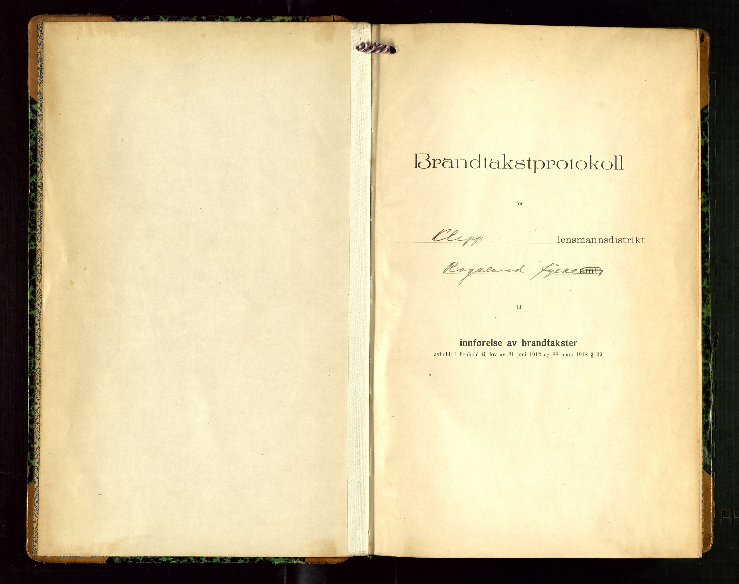 Klepp lensmannskontor, SAST/A-100163/Goc/L0010: "Brandtakstprotokoll" m/register, 1919-1924