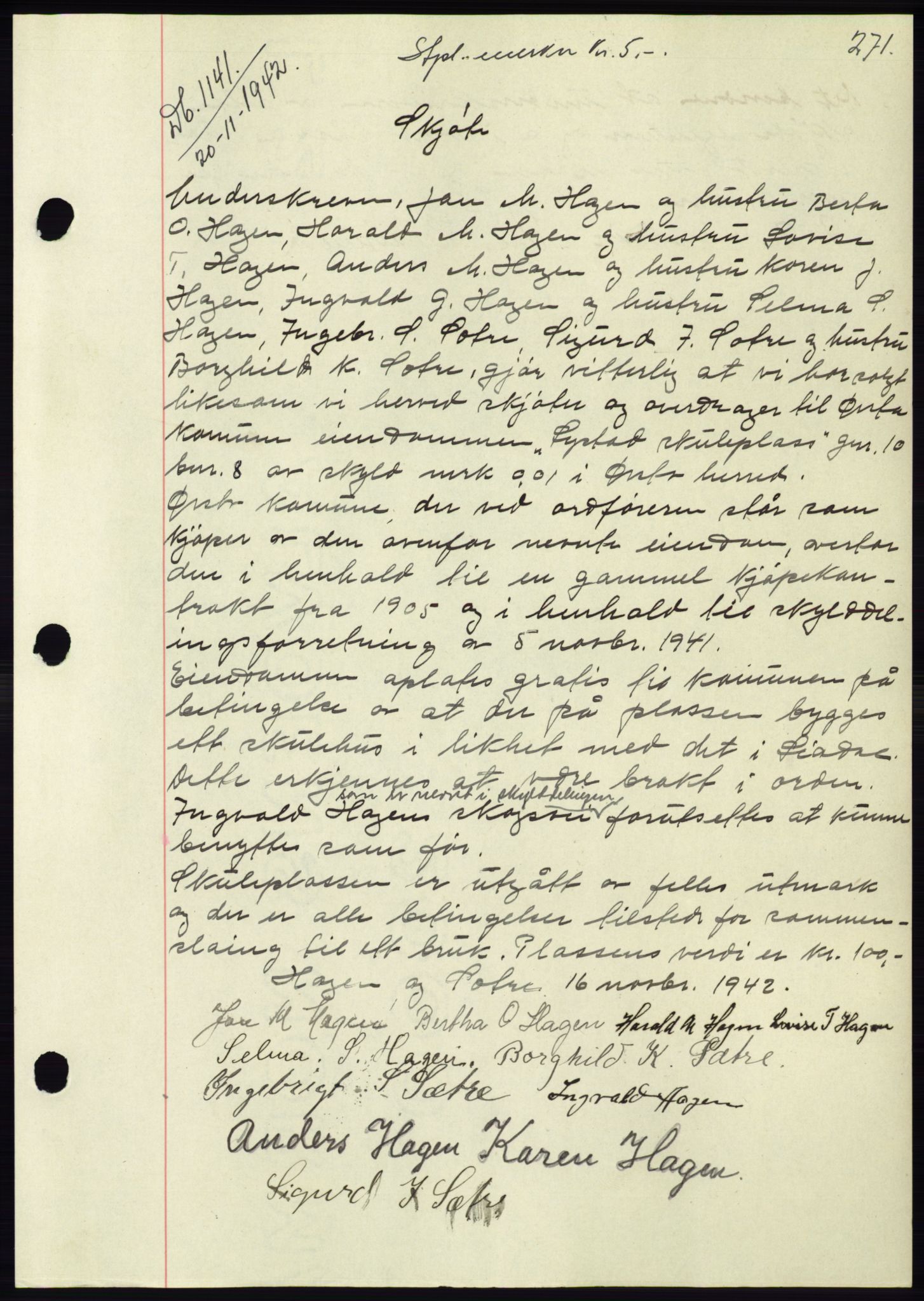 Søre Sunnmøre sorenskriveri, AV/SAT-A-4122/1/2/2C/L0074: Mortgage book no. 68, 1942-1943, Diary no: : 1141/1942