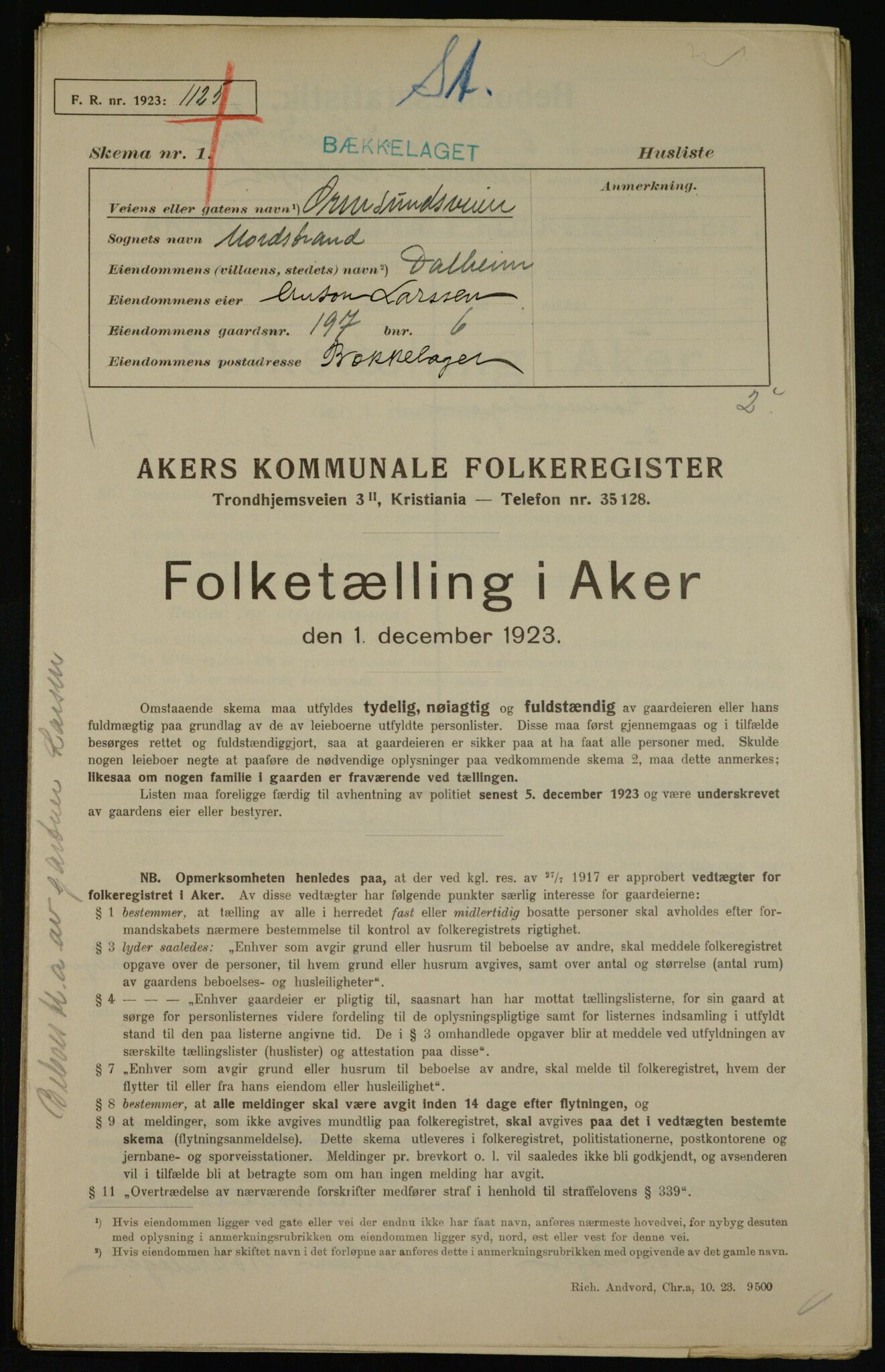 , Municipal Census 1923 for Aker, 1923, p. 43218