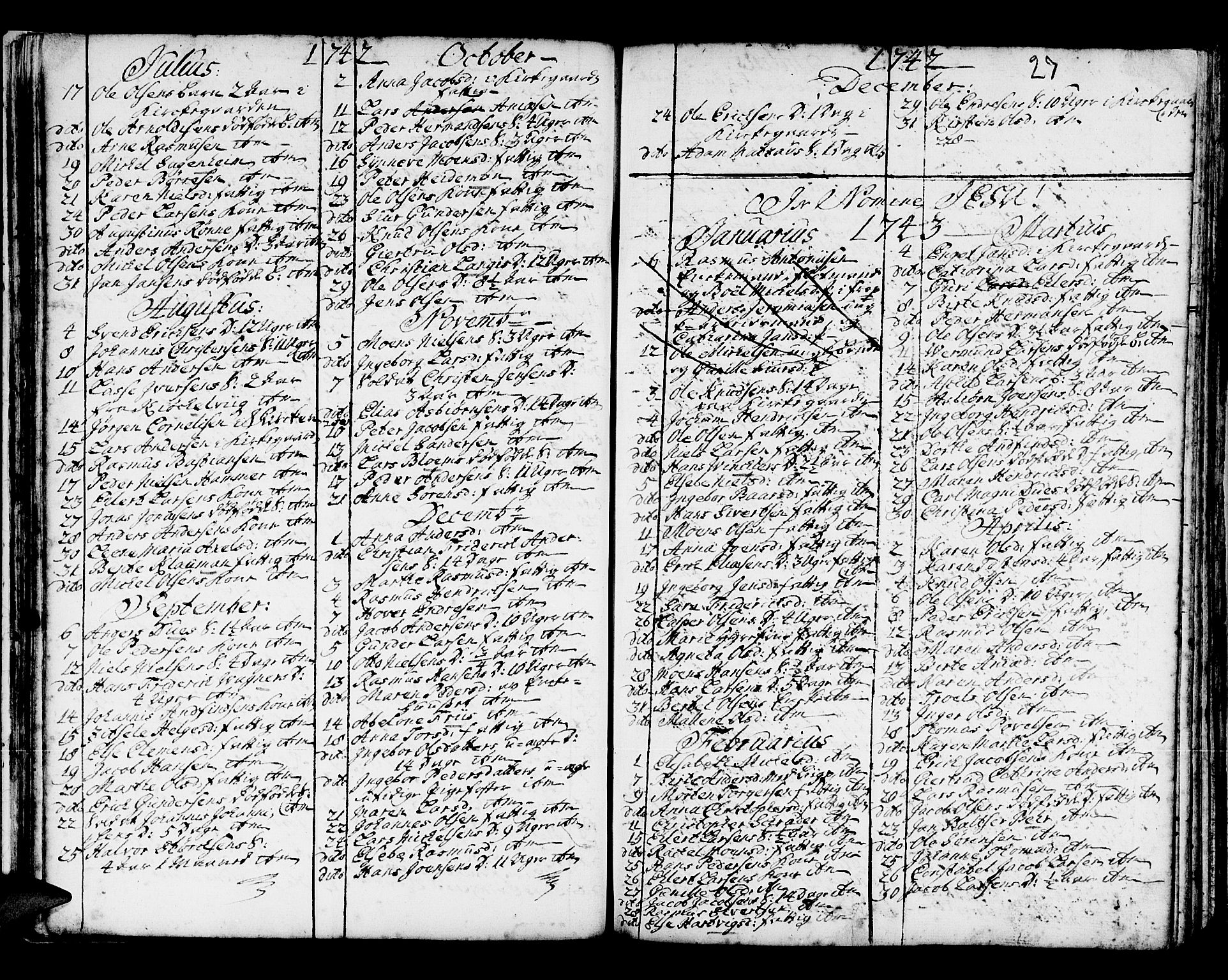 Domkirken sokneprestembete, AV/SAB-A-74801/H/Haa/L0008: Parish register (official) no. A 8, 1725-1775, p. 27