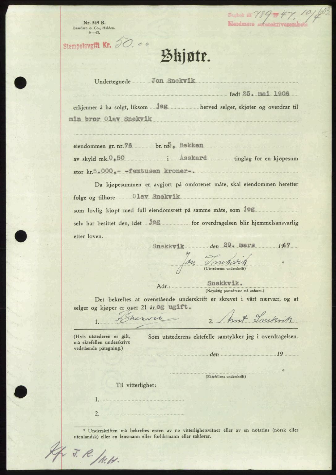 Nordmøre sorenskriveri, AV/SAT-A-4132/1/2/2Ca: Mortgage book no. A104, 1947-1947, Diary no: : 789/1947