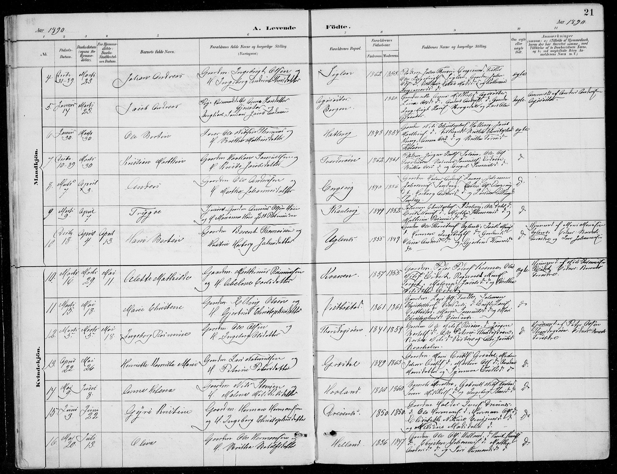Fitjar sokneprestembete, AV/SAB-A-99926: Parish register (copy) no. A 2, 1887-1906, p. 21
