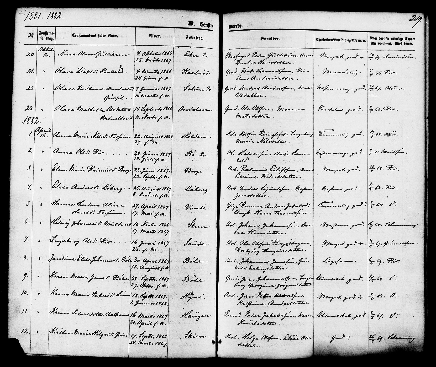 Gjerpen kirkebøker, SAKO/A-265/F/Fa/L0009: Parish register (official) no. I 9, 1872-1885, p. 219