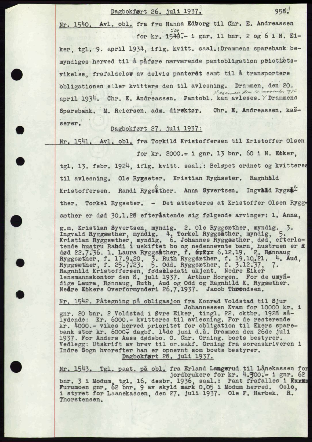 Eiker, Modum og Sigdal sorenskriveri, SAKO/A-123/G/Ga/Gab/L0035: Mortgage book no. A5, 1937-1937, Diary no: : 1540/1937