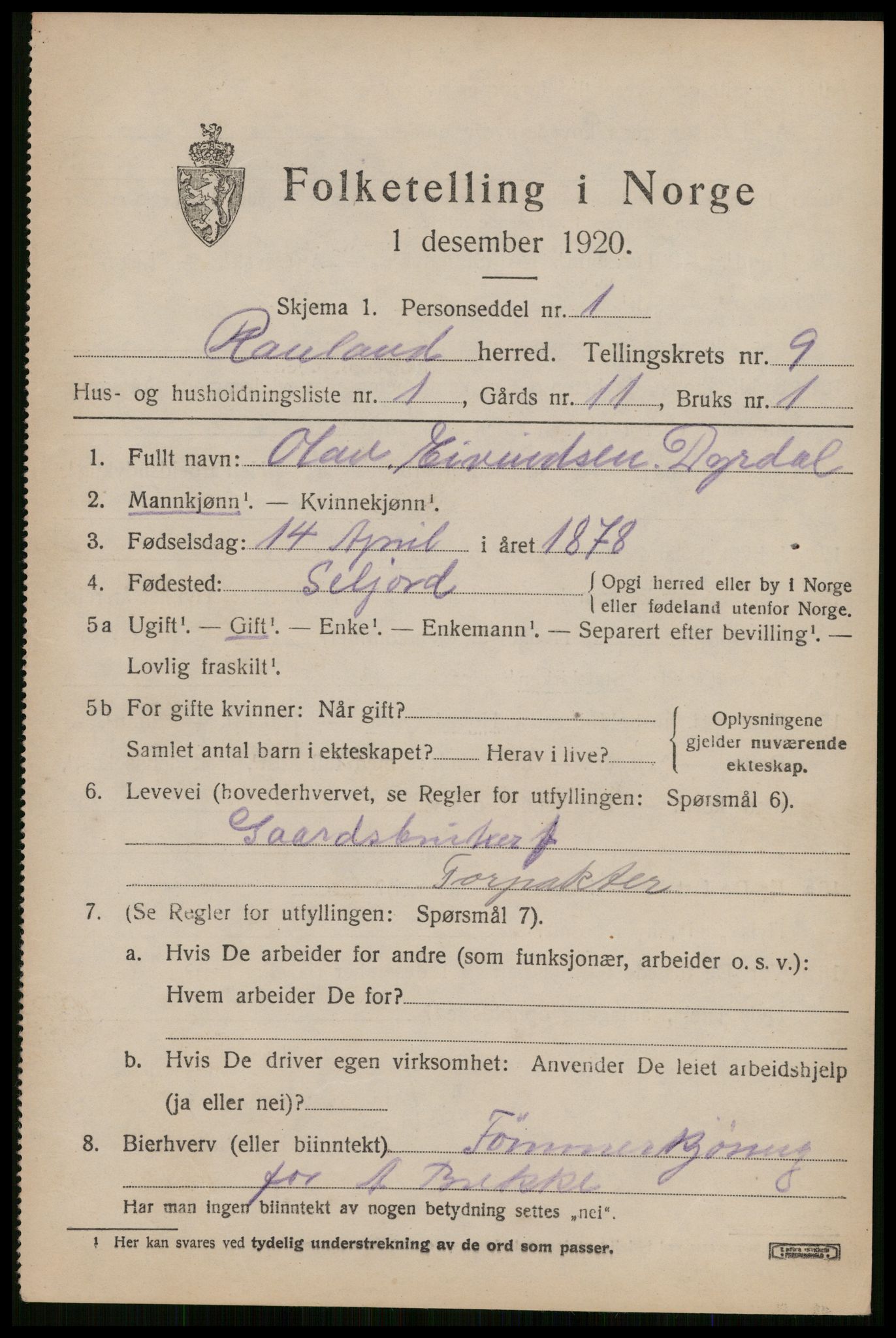 SAKO, 1920 census for Rauland, 1920, p. 1896