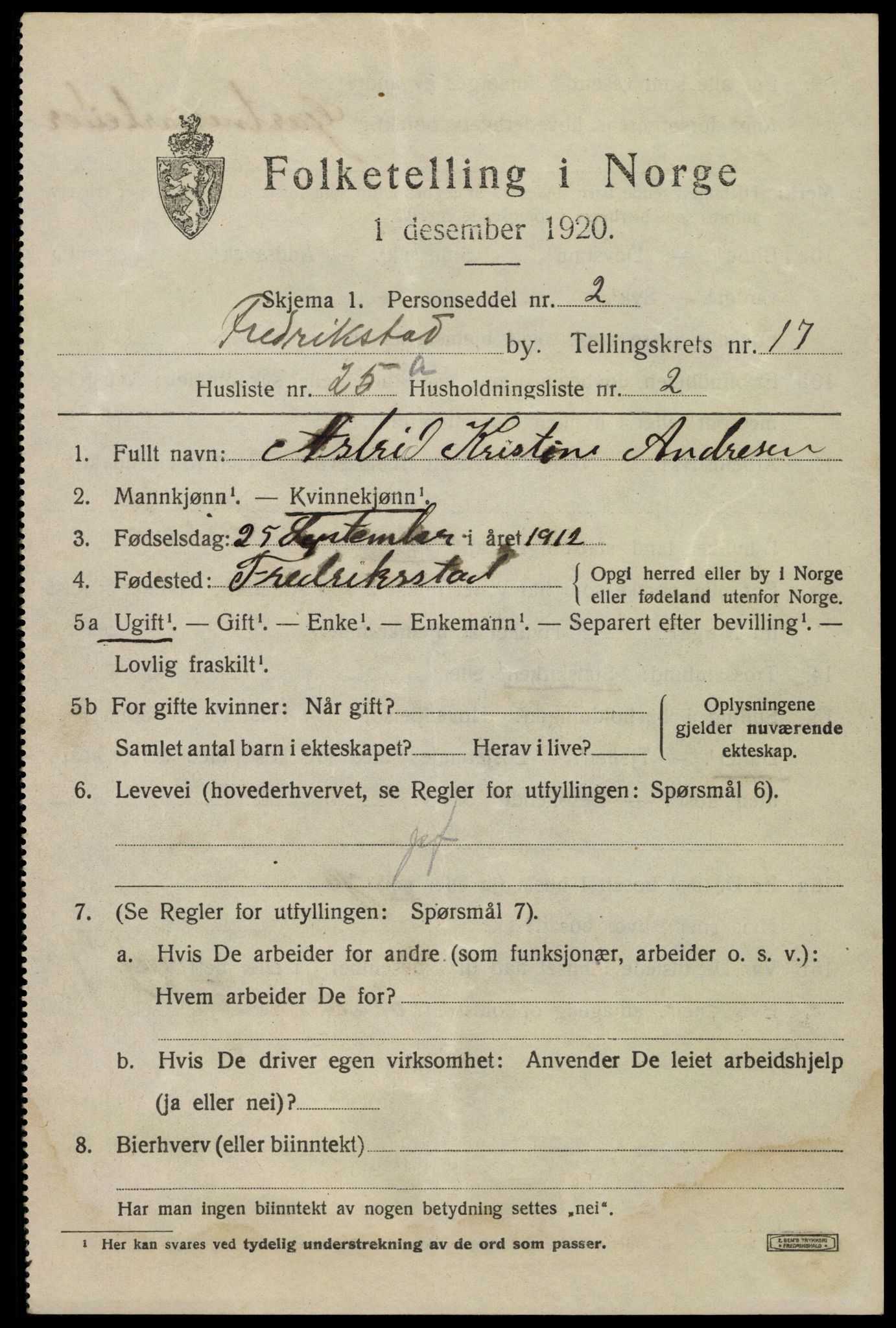 SAO, 1920 census for Fredrikstad, 1920, p. 39249