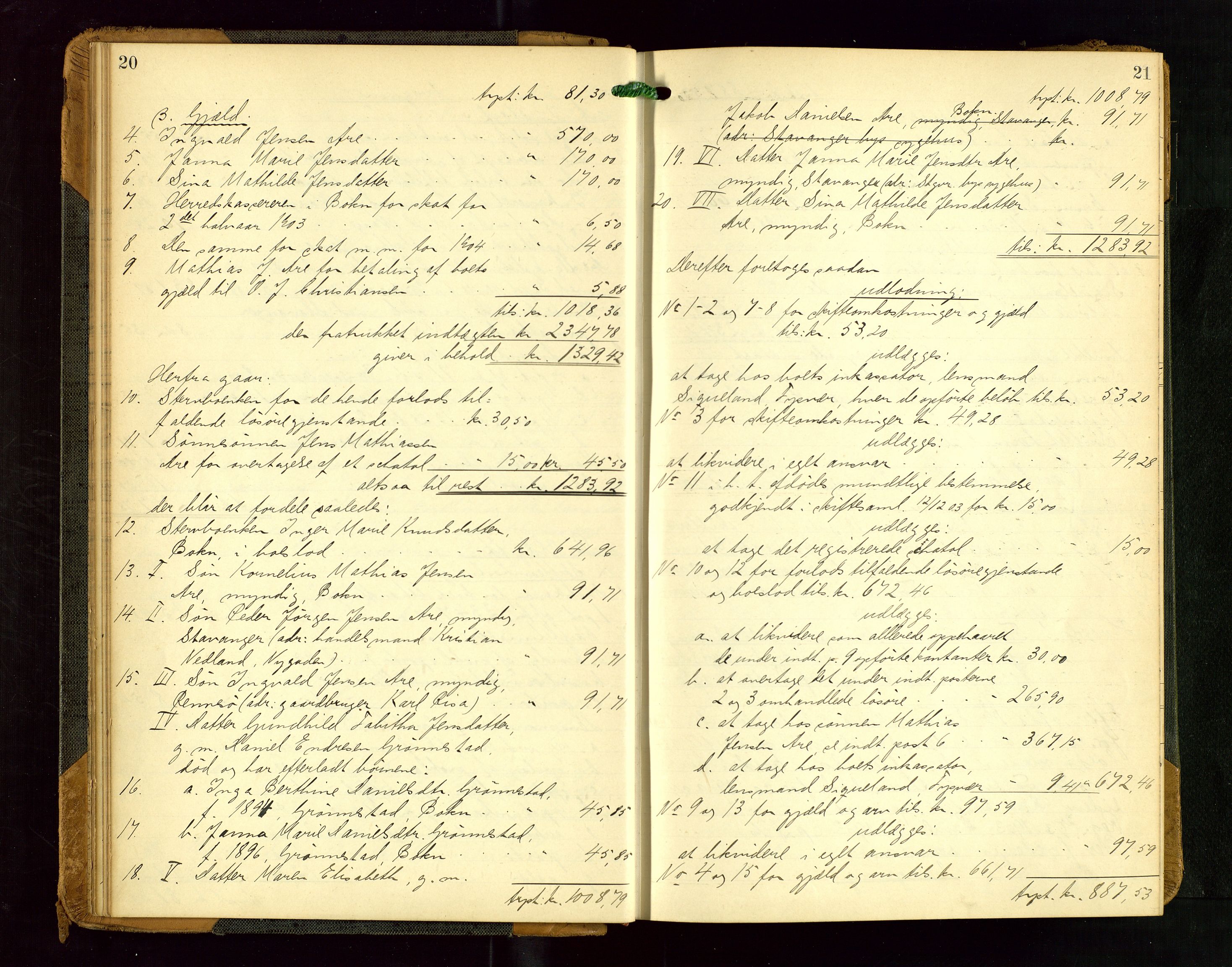 Karmsund sorenskriveri, AV/SAST-A-100311/01/IV/IVGB/L0001: SKIFTEUTLODNINGSPROTOKOLL, 1904-1911, p. 20-21