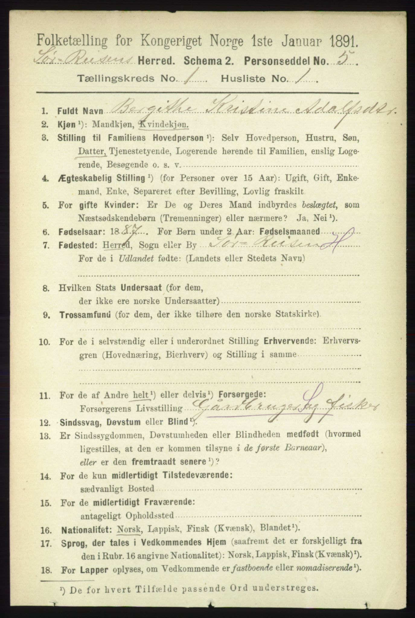 RA, 1891 census for 1925 Sørreisa, 1891, p. 66