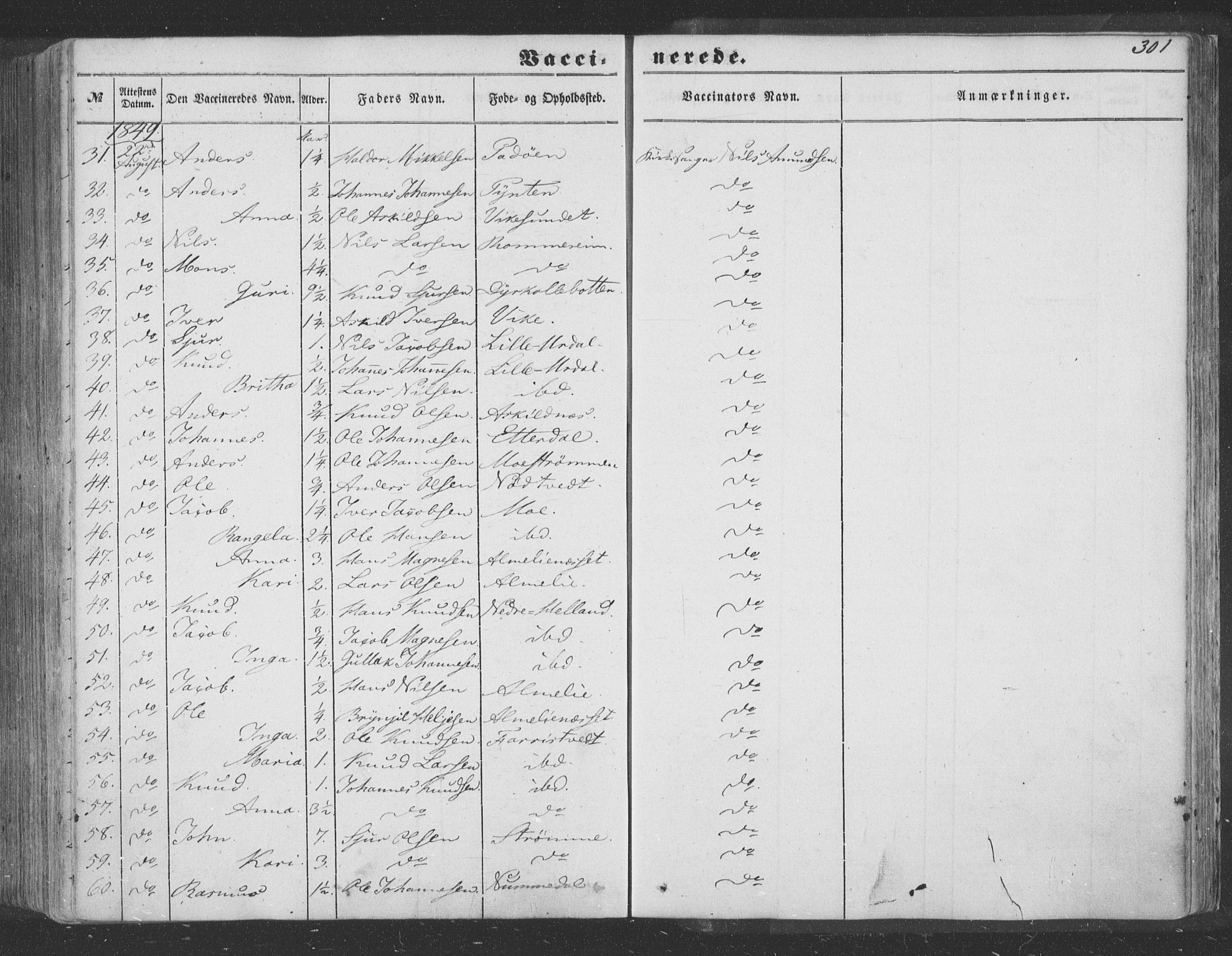 Hosanger sokneprestembete, SAB/A-75801/H/Haa: Parish register (official) no. A 8, 1849-1863, p. 301