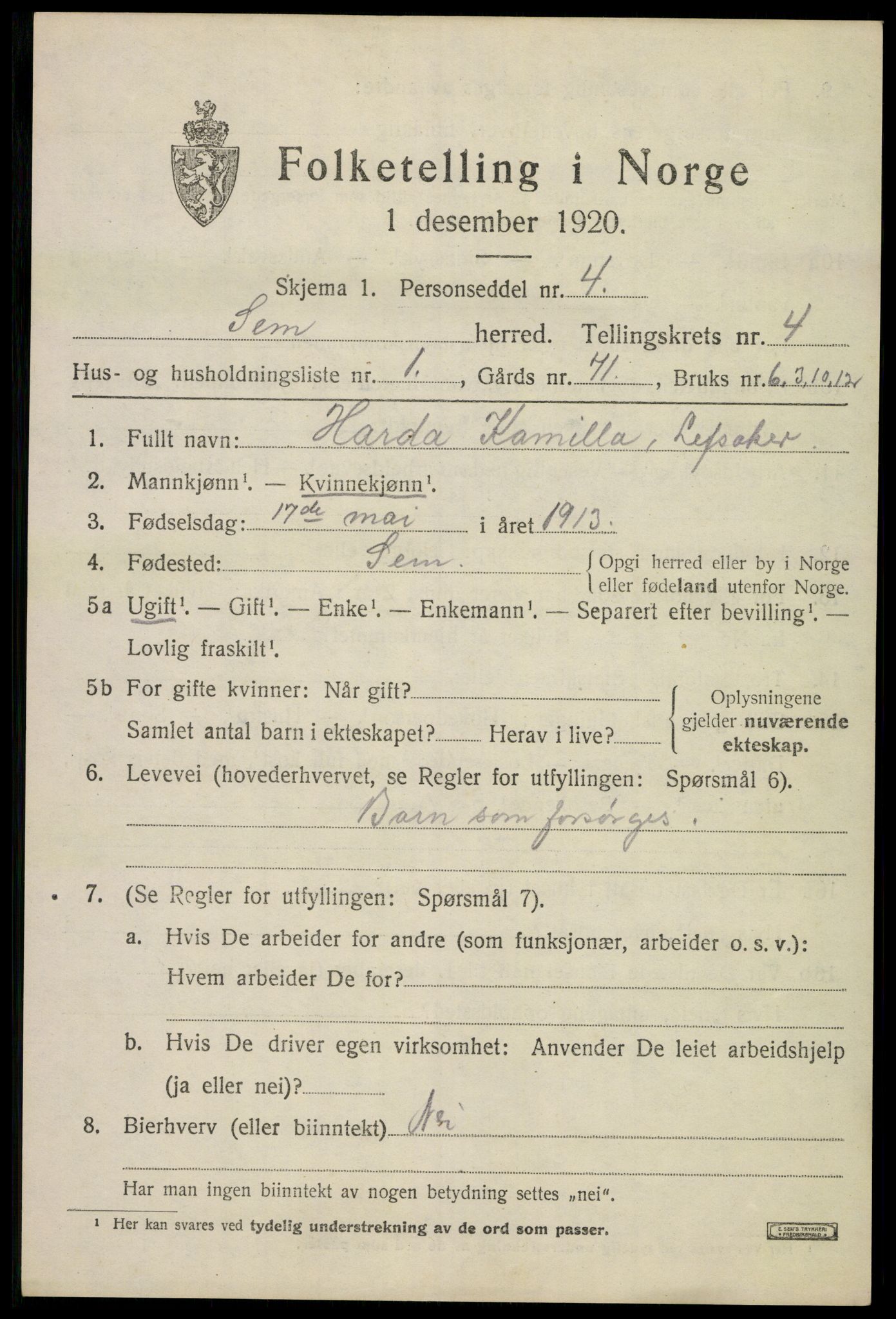 SAKO, 1920 census for Sem, 1920, p. 7077