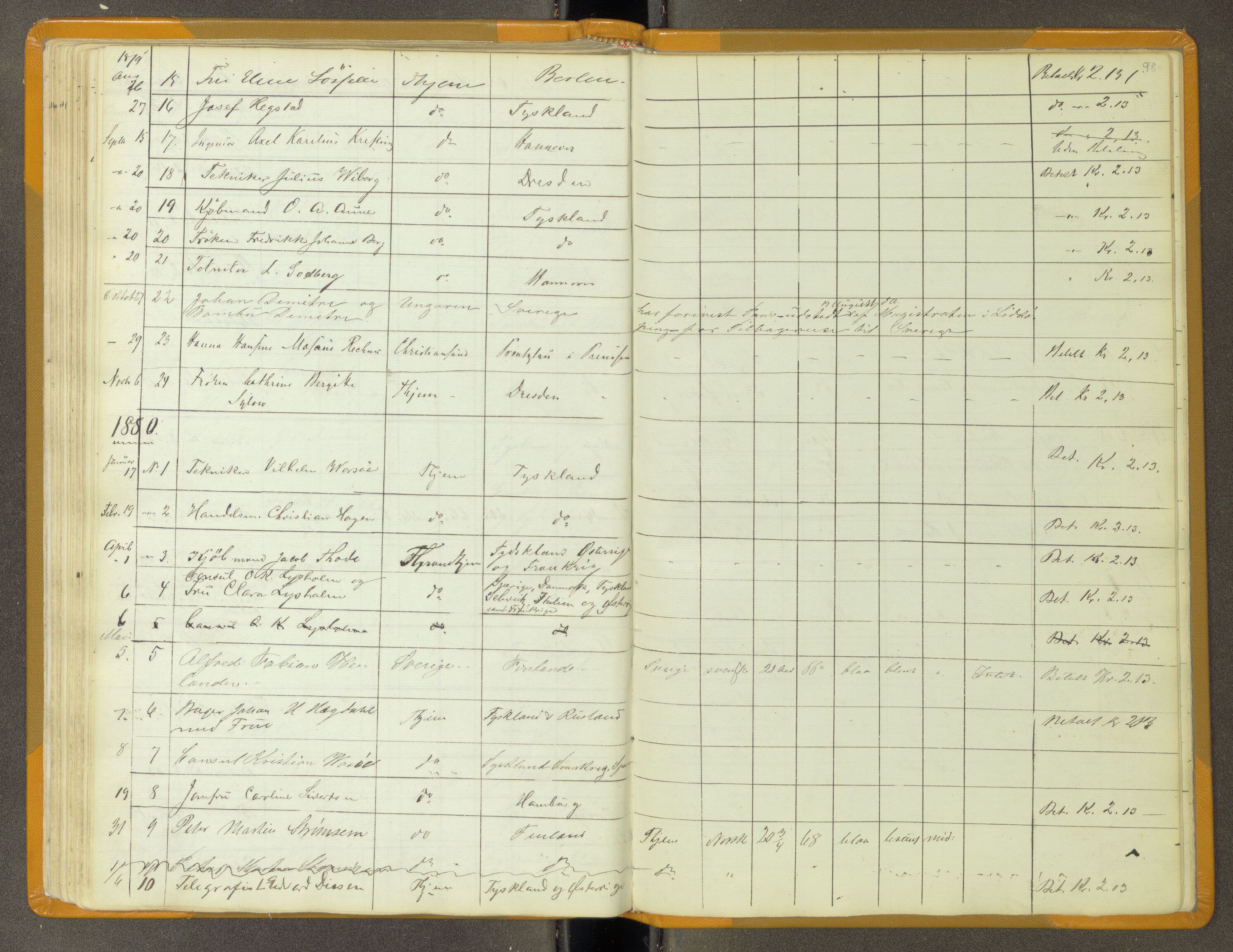 Trondheim politikammer, AV/SAT-A-1887/1/30/L0011: Passprotokoll. Utstedte pass 1855-1890. Utstede og forviste handelsbrev 1857-1860, 1855-1890, p. 97b-98a