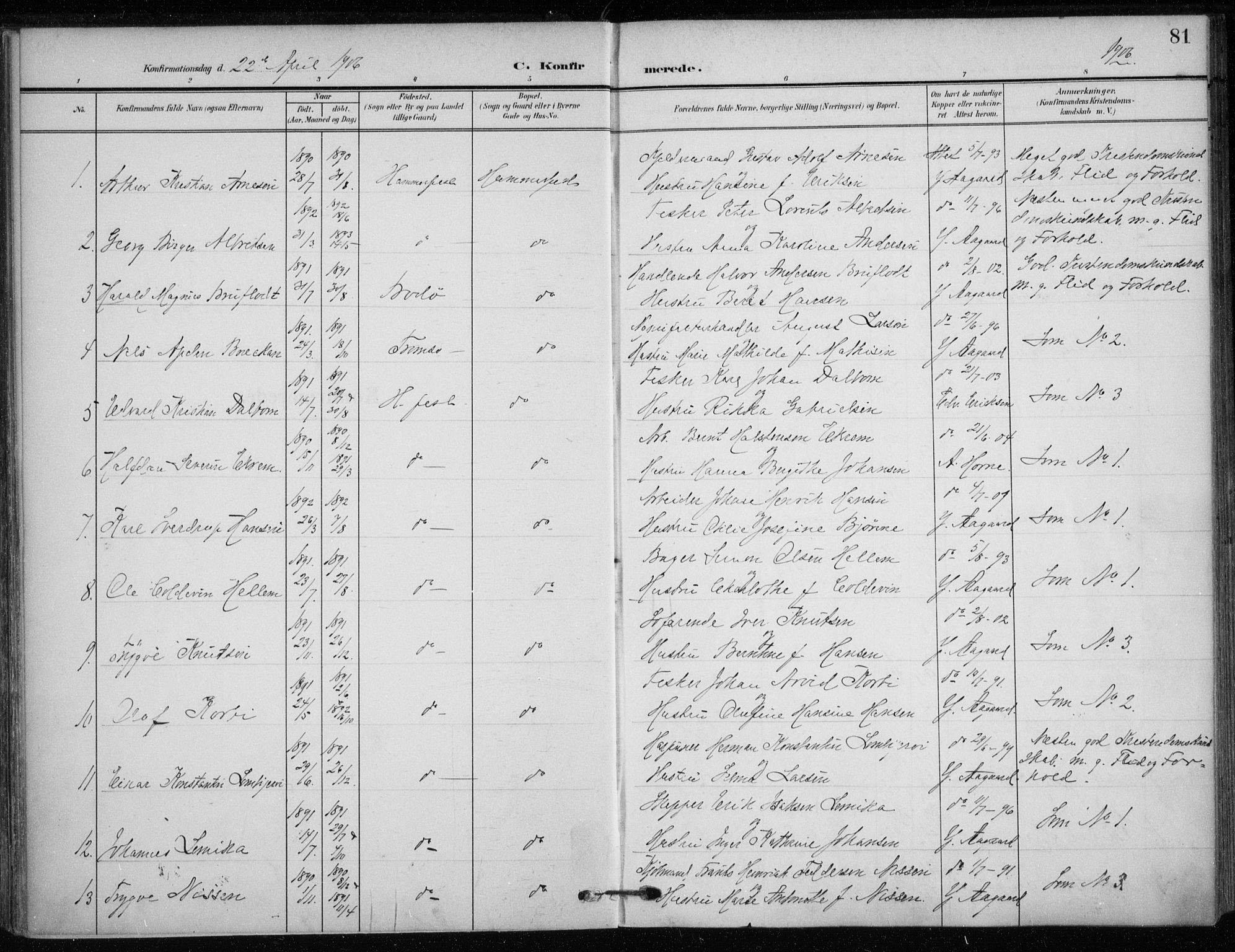 Hammerfest sokneprestkontor, SATØ/S-1347/H/Ha/L0014.kirke: Parish register (official) no. 14, 1906-1916, p. 81