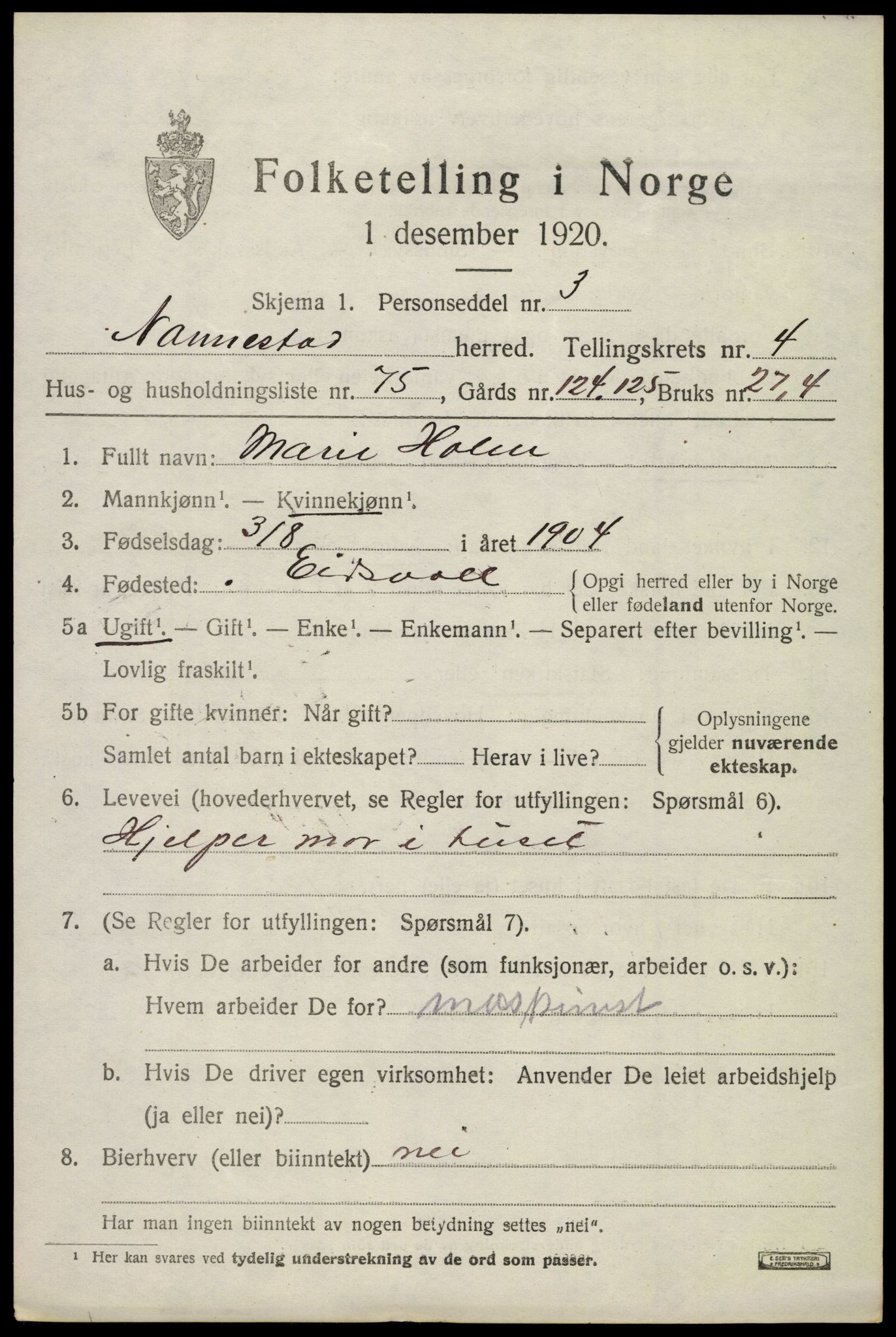 SAO, 1920 census for Nannestad, 1920, p. 5821