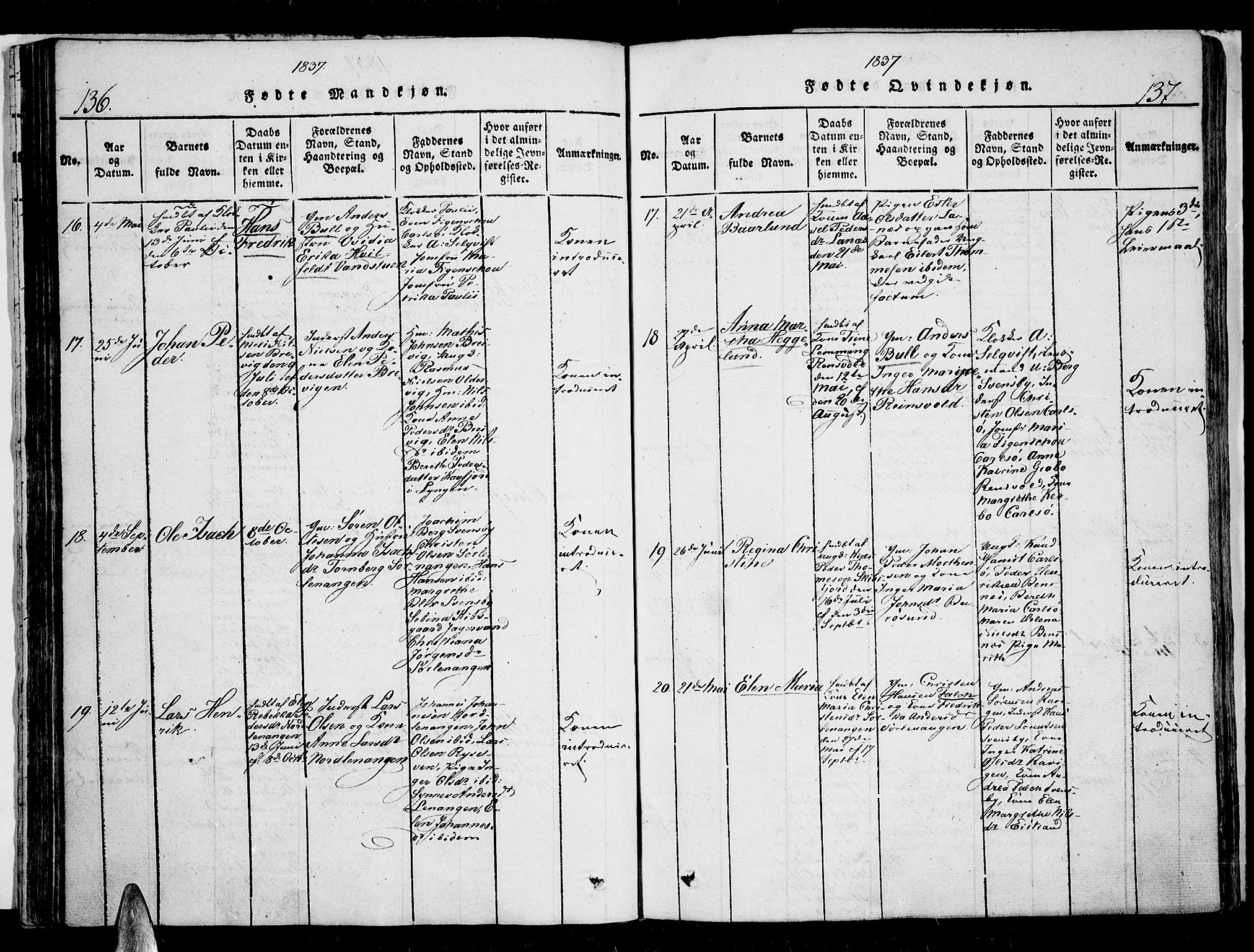 Karlsøy sokneprestembete, SATØ/S-1299/H/Ha/Haa/L0002kirke: Parish register (official) no. 2, 1823-1842, p. 136-137