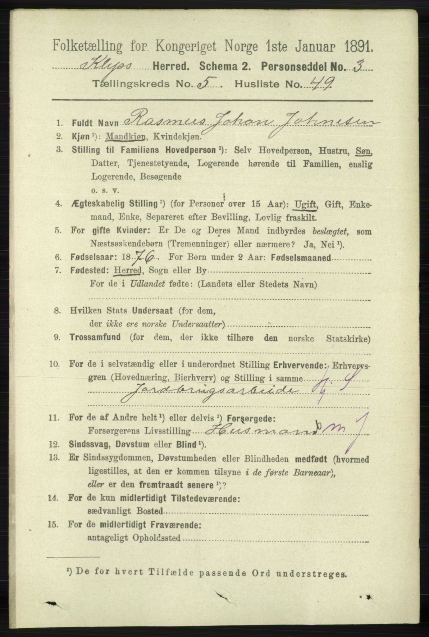 RA, 1891 census for 1120 Klepp, 1891, p. 1656