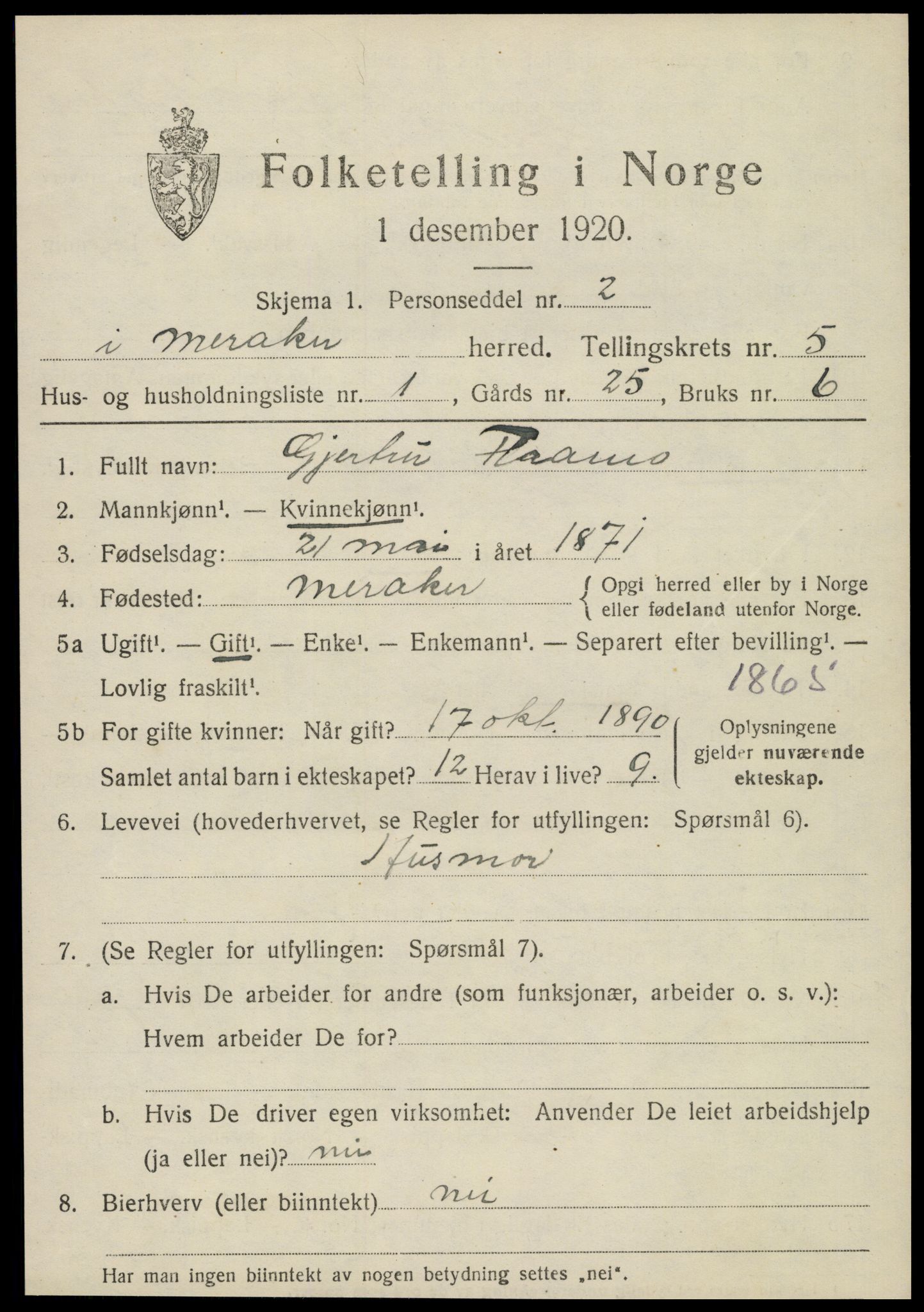 SAT, 1920 census for Meråker, 1920, p. 4036