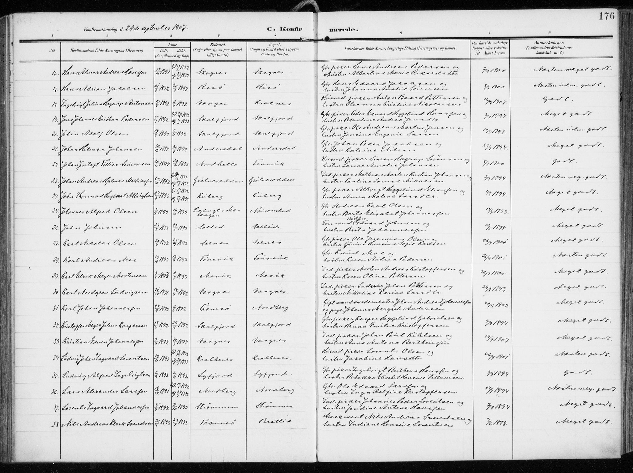 Tromsøysund sokneprestkontor, AV/SATØ-S-1304/G/Ga/L0007kirke: Parish register (official) no. 7, 1907-1914, p. 176