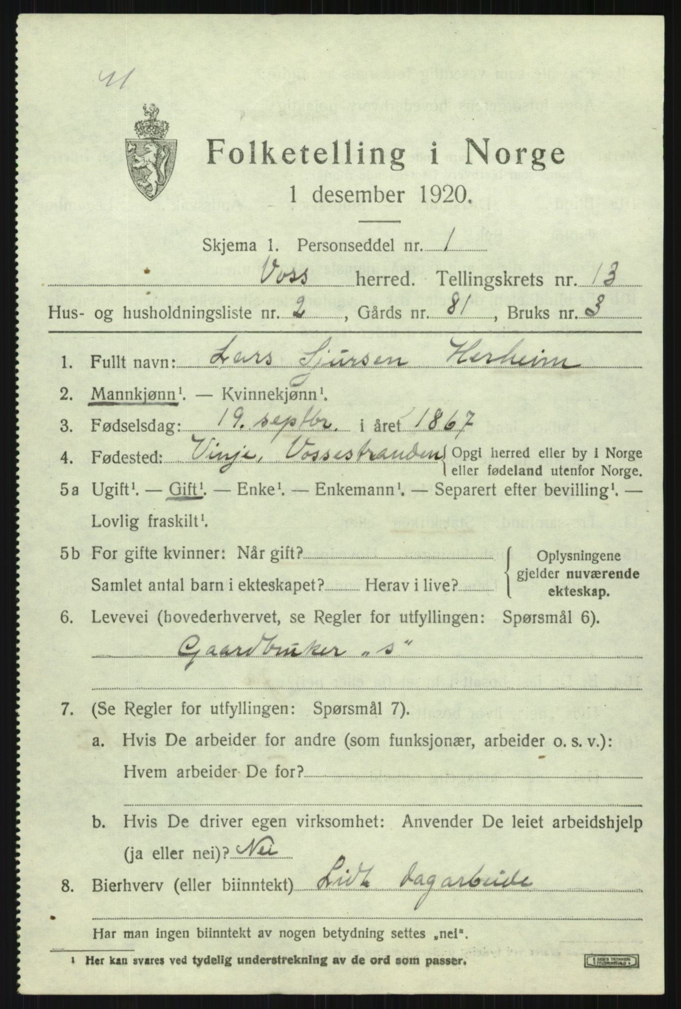 SAB, 1920 census for Voss, 1920, p. 11155