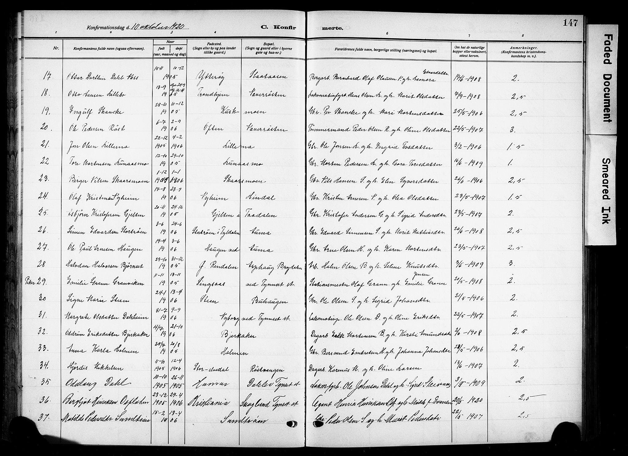 Tynset prestekontor, AV/SAH-PREST-058/H/Ha/Hab/L0011: Parish register (copy) no. 11, 1915-1930, p. 147