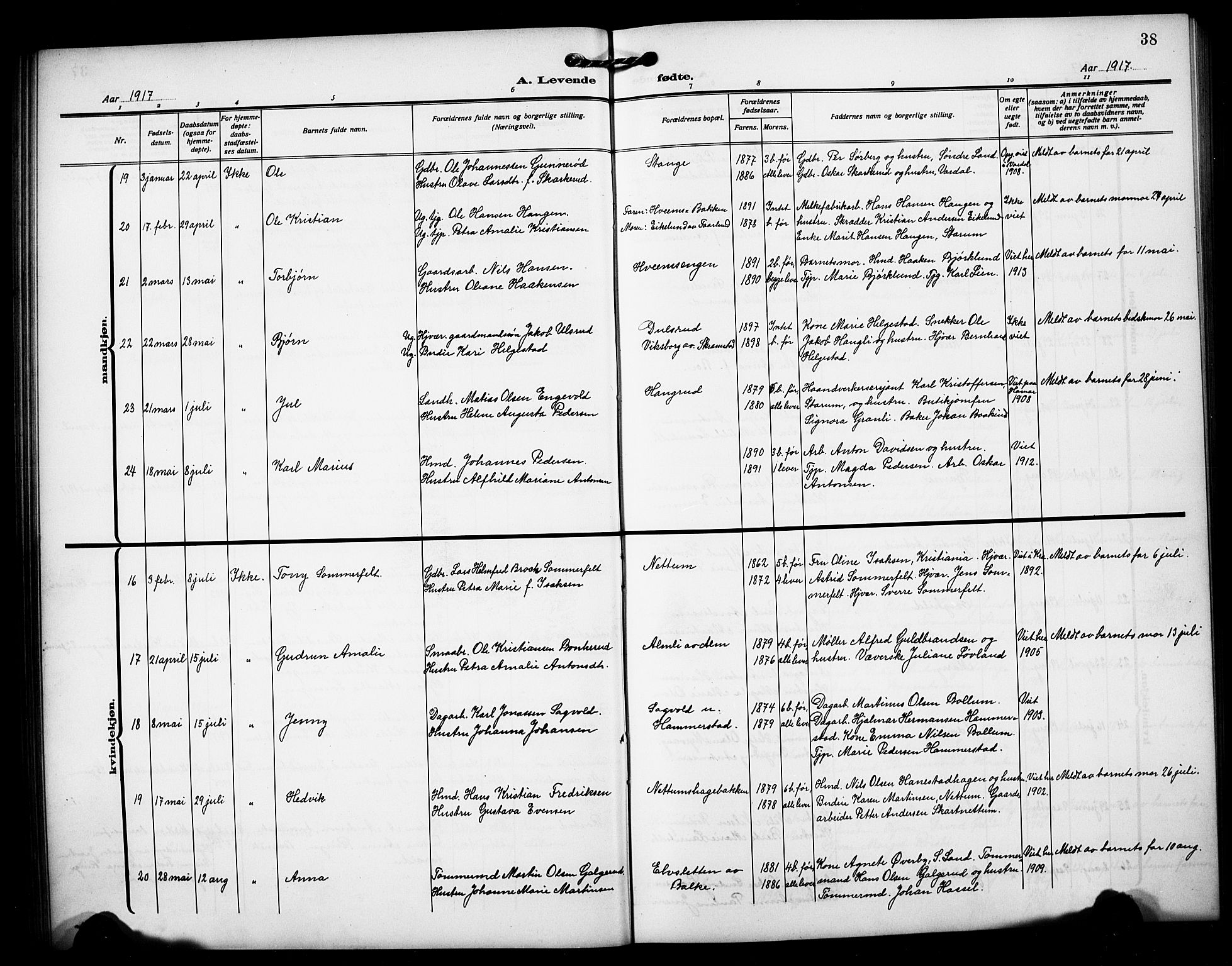 Østre Toten prestekontor, AV/SAH-PREST-104/H/Ha/Hab/L0008: Parish register (copy) no. 8, 1913-1929, p. 38