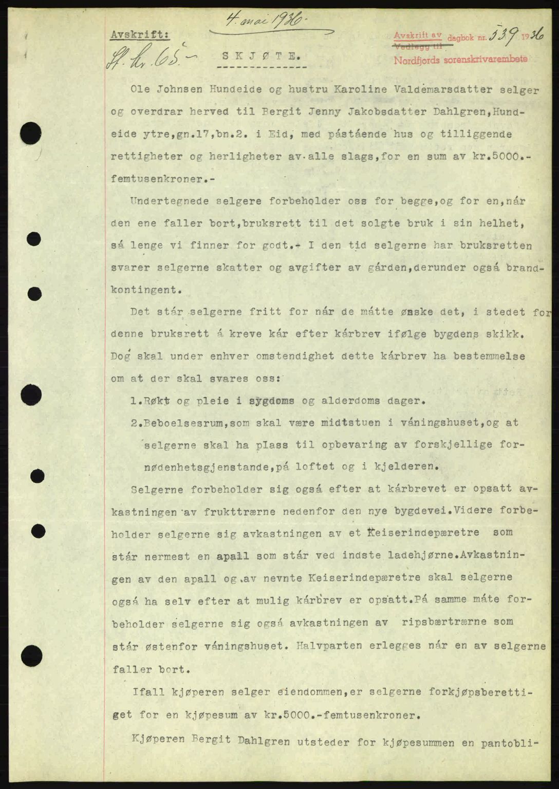 Nordfjord sorenskriveri, SAB/A-2801/02/02b/02bj/L0001: Mortgage book no. A1, 1936-1937, Diary no: : 539/1936