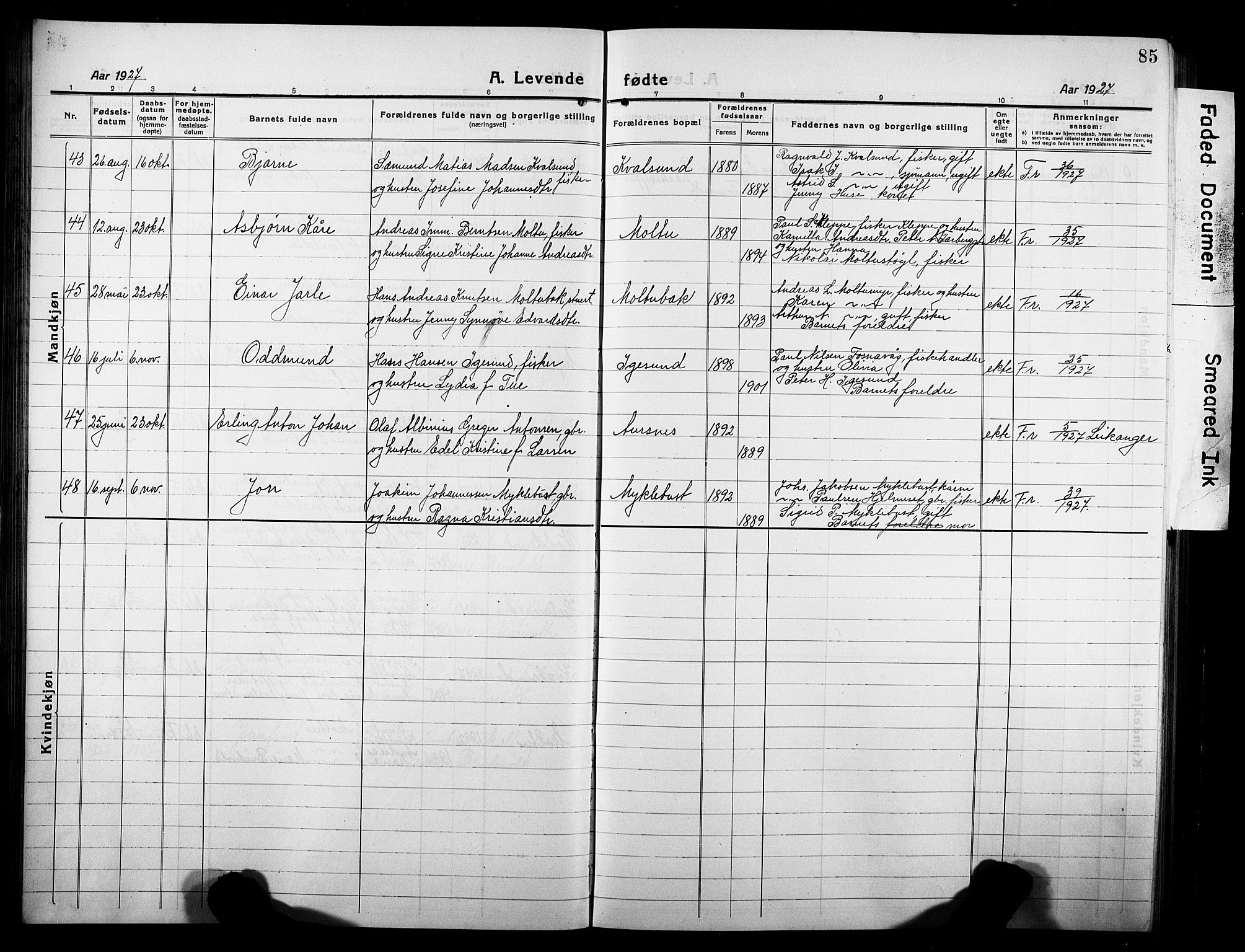 Ministerialprotokoller, klokkerbøker og fødselsregistre - Møre og Romsdal, AV/SAT-A-1454/507/L0084: Parish register (copy) no. 507C07, 1919-1932, p. 85