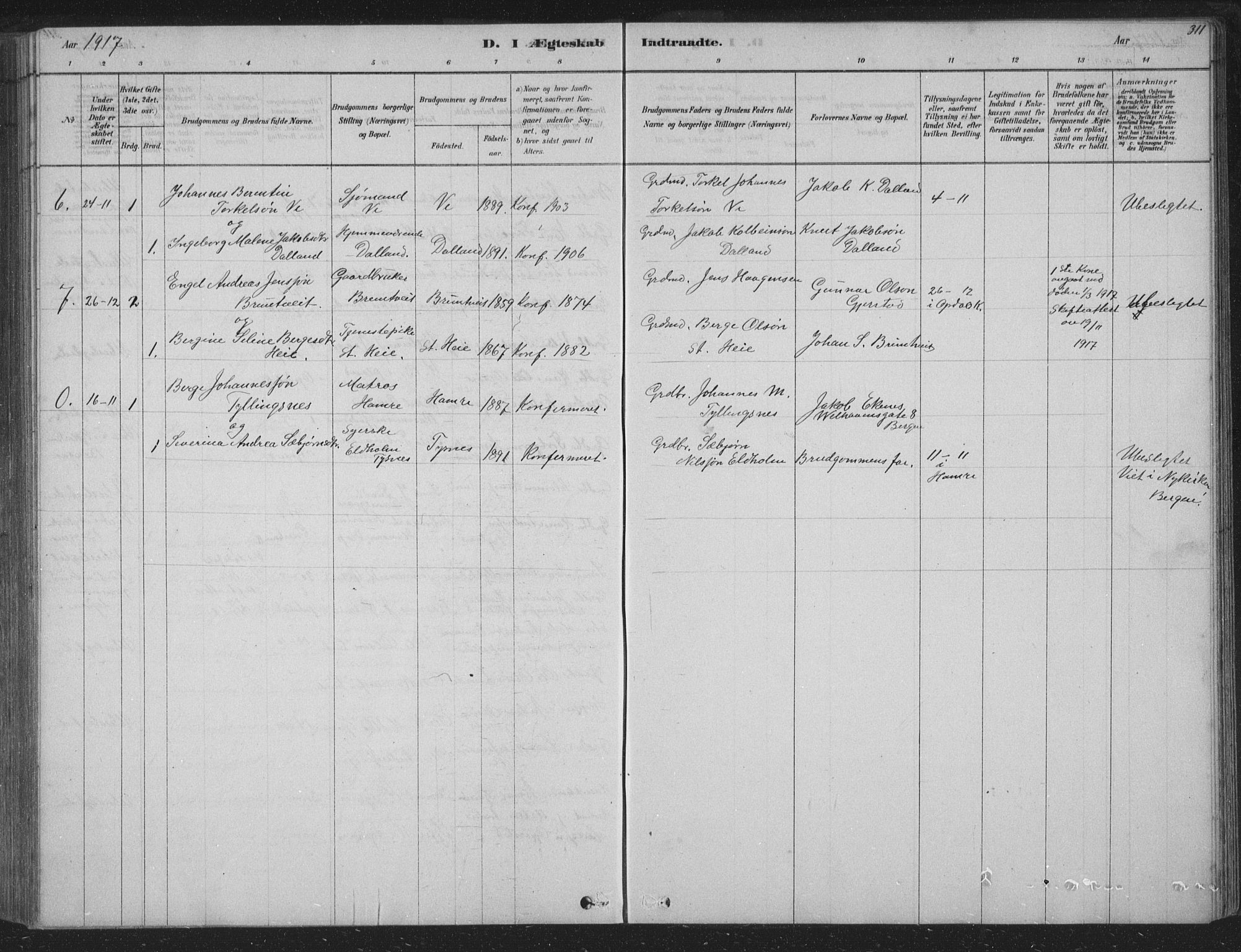 Tysnes sokneprestembete, AV/SAB-A-78601/H/Hab: Parish register (copy) no. B 2, 1878-1918, p. 311