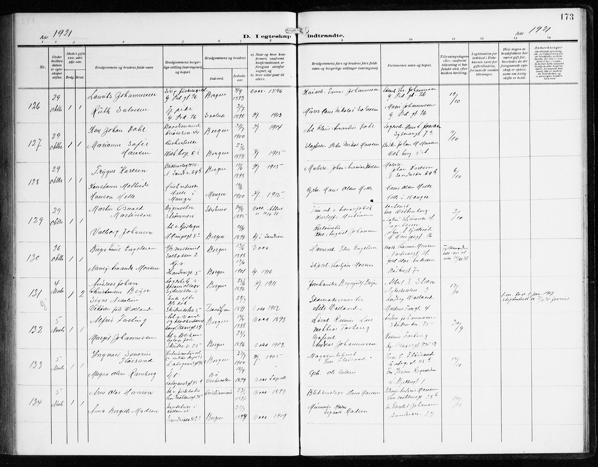 Sandviken Sokneprestembete, SAB/A-77601/H/Ha/L0015: Parish register (official) no. D 2, 1911-1923, p. 173
