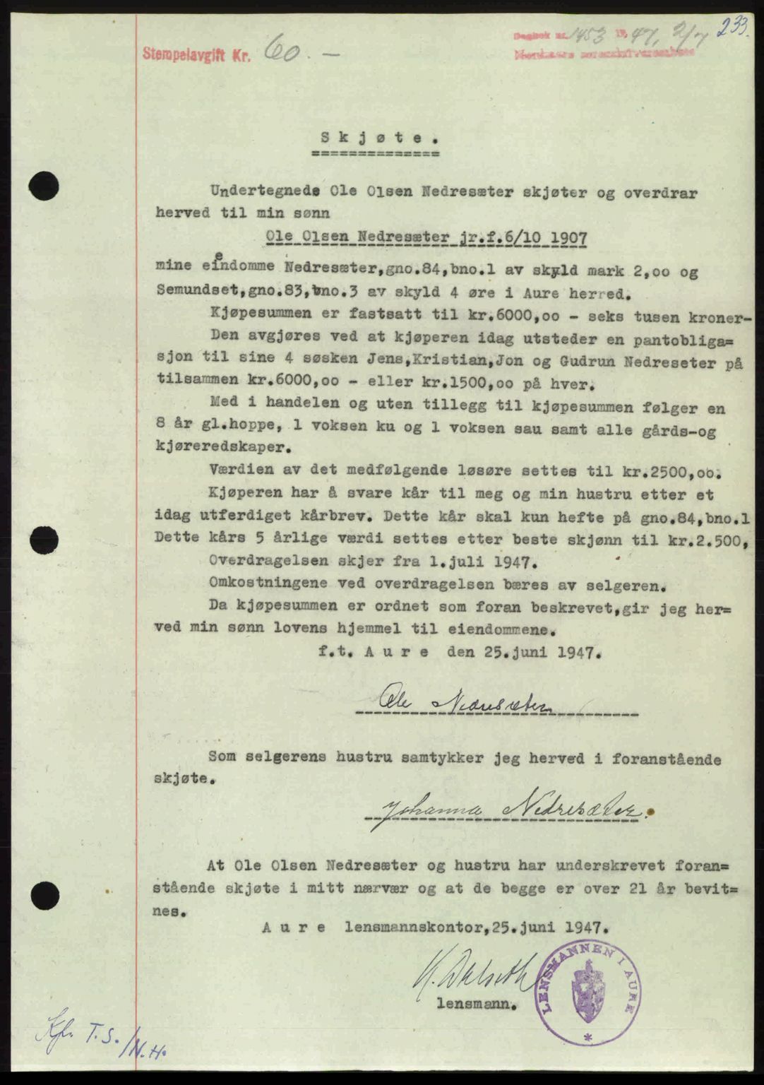 Nordmøre sorenskriveri, AV/SAT-A-4132/1/2/2Ca: Mortgage book no. A105, 1947-1947, Diary no: : 1453/1947