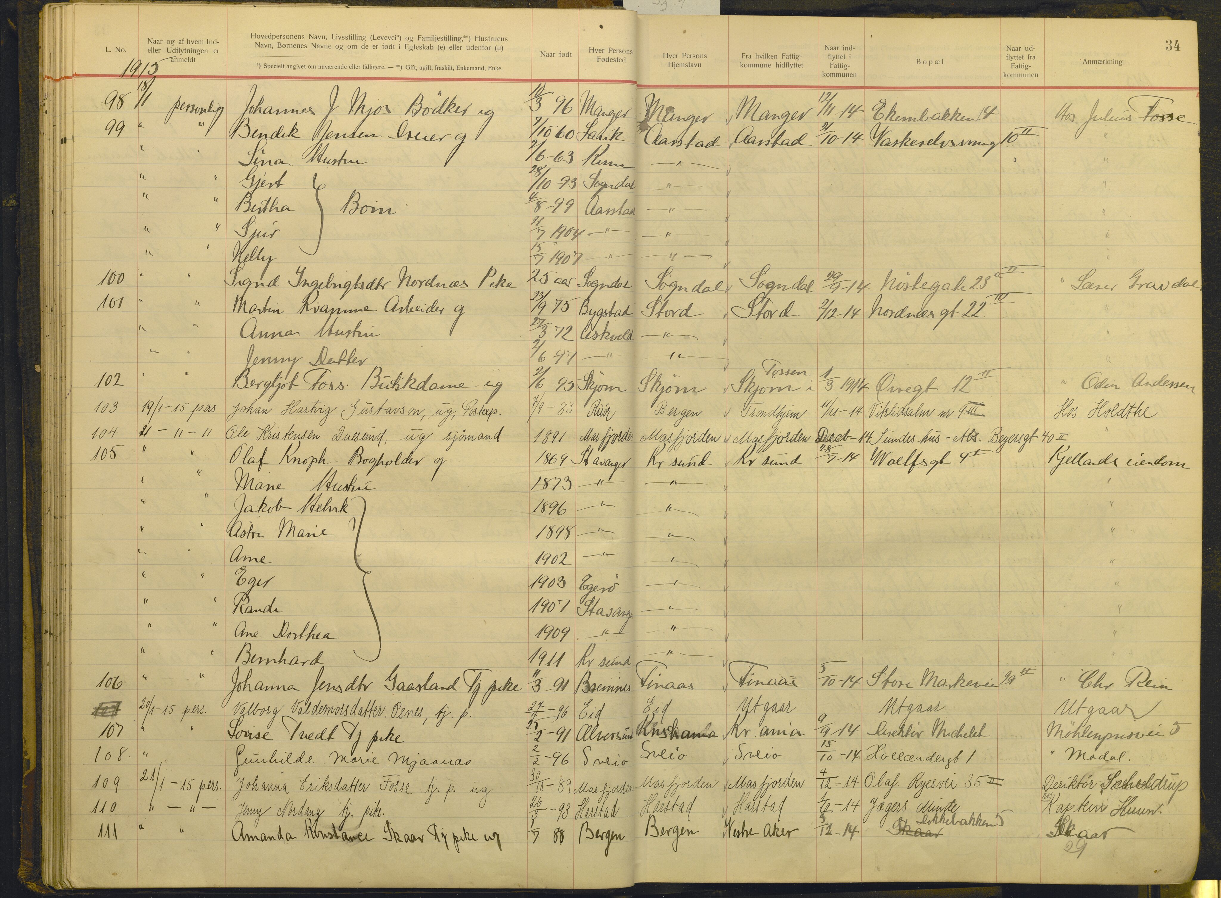 Bergen politikammer / politidistrikt, AV/SAB-A-60401/J.g/L0009: Protokoll over innflyttede, 1914-1917, p. 34