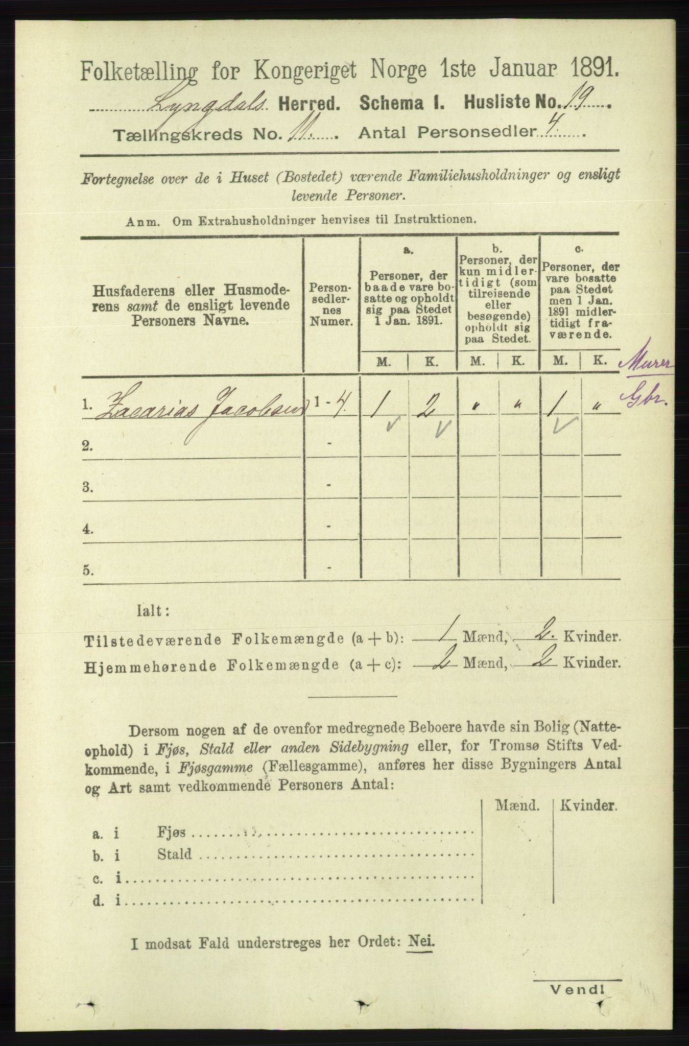 RA, 1891 census for 1032 Lyngdal, 1891, p. 4751