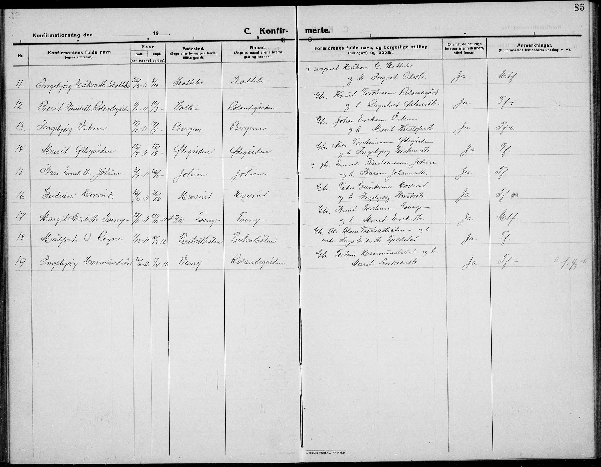 Øystre Slidre prestekontor, AV/SAH-PREST-138/H/Ha/Hab/L0008: Parish register (copy) no. 8, 1911-1938, p. 85