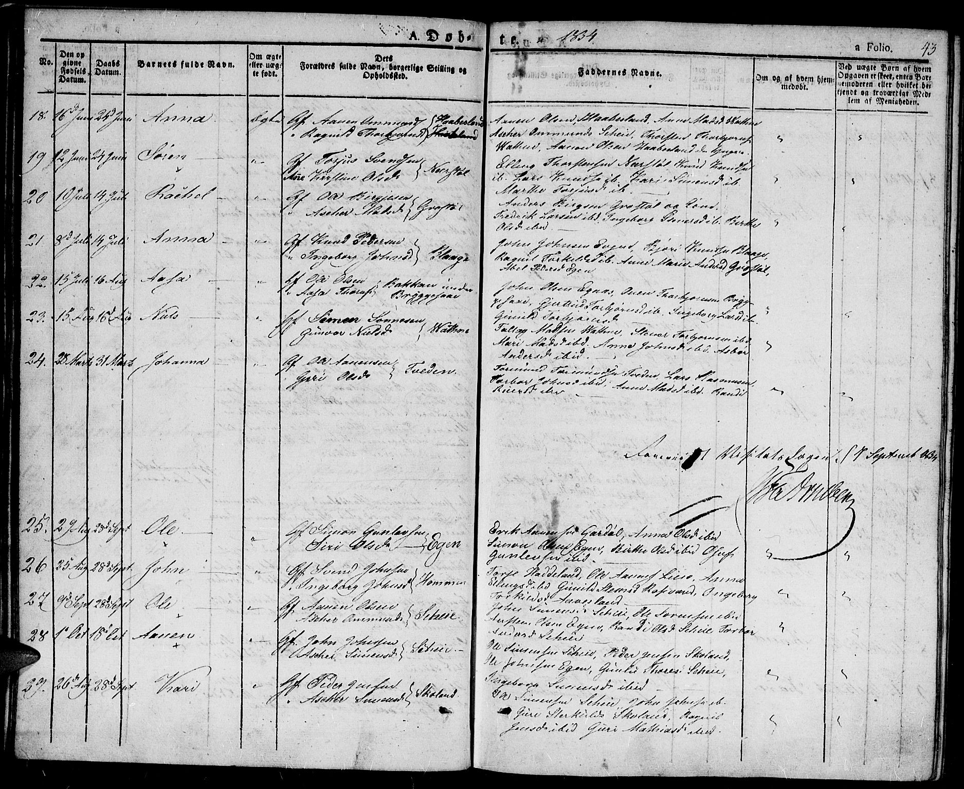 Hægebostad sokneprestkontor, SAK/1111-0024/F/Fa/Fab/L0001: Parish register (official) no. A 1, 1823-1867, p. 43