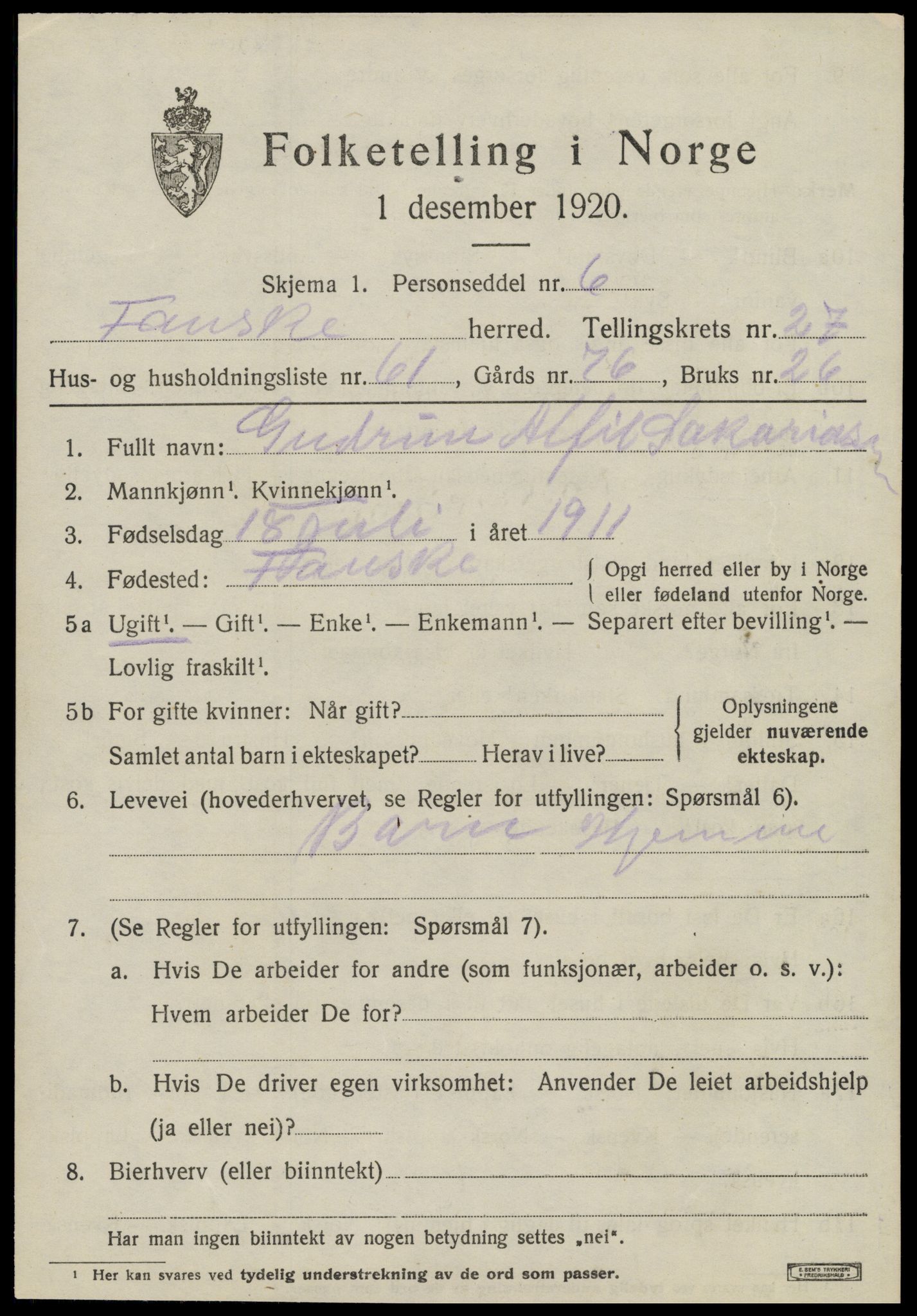 SAT, 1920 census for Fauske, 1920, p. 16954