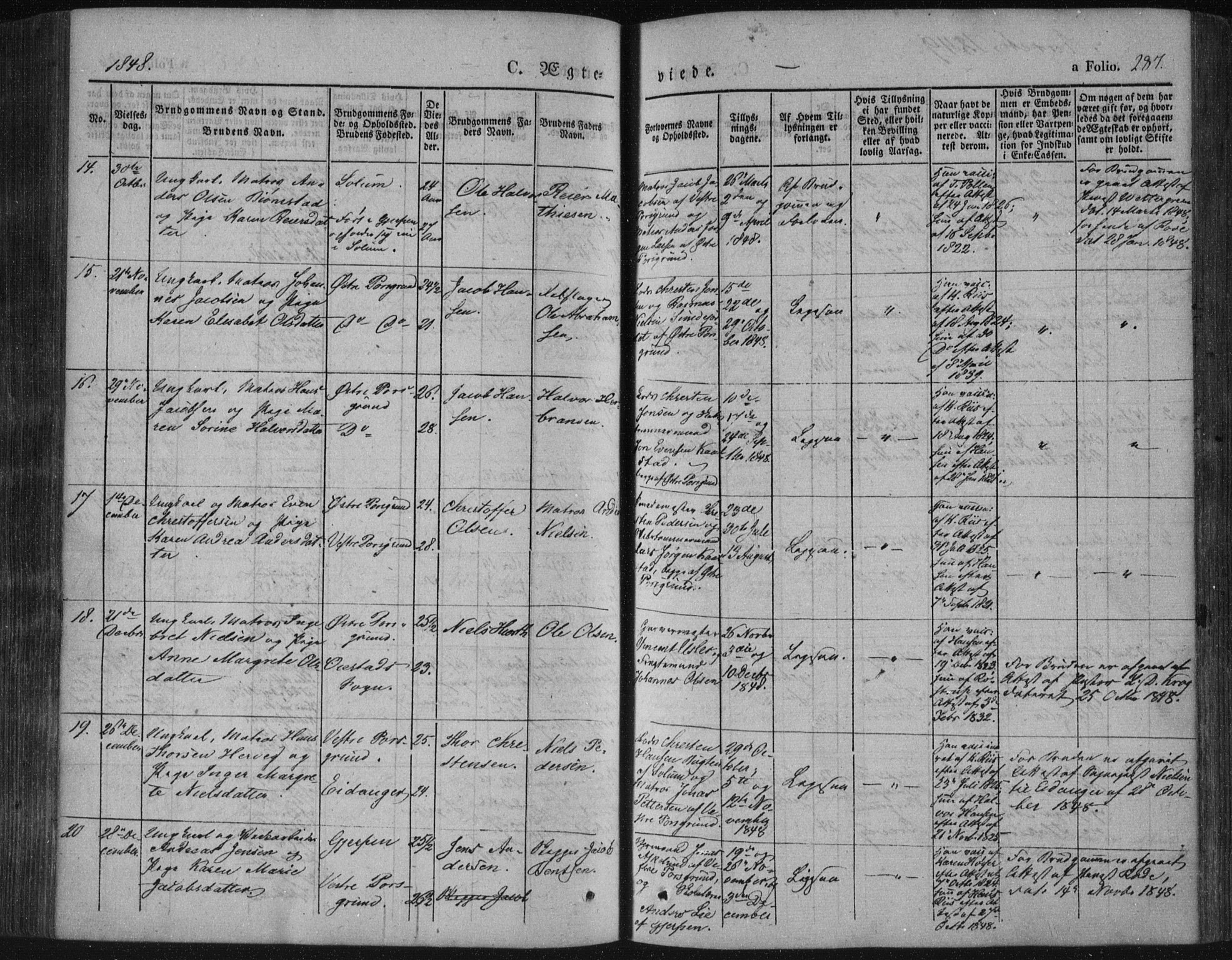 Porsgrunn kirkebøker , SAKO/A-104/F/Fa/L0006: Parish register (official) no. 6, 1841-1857, p. 287