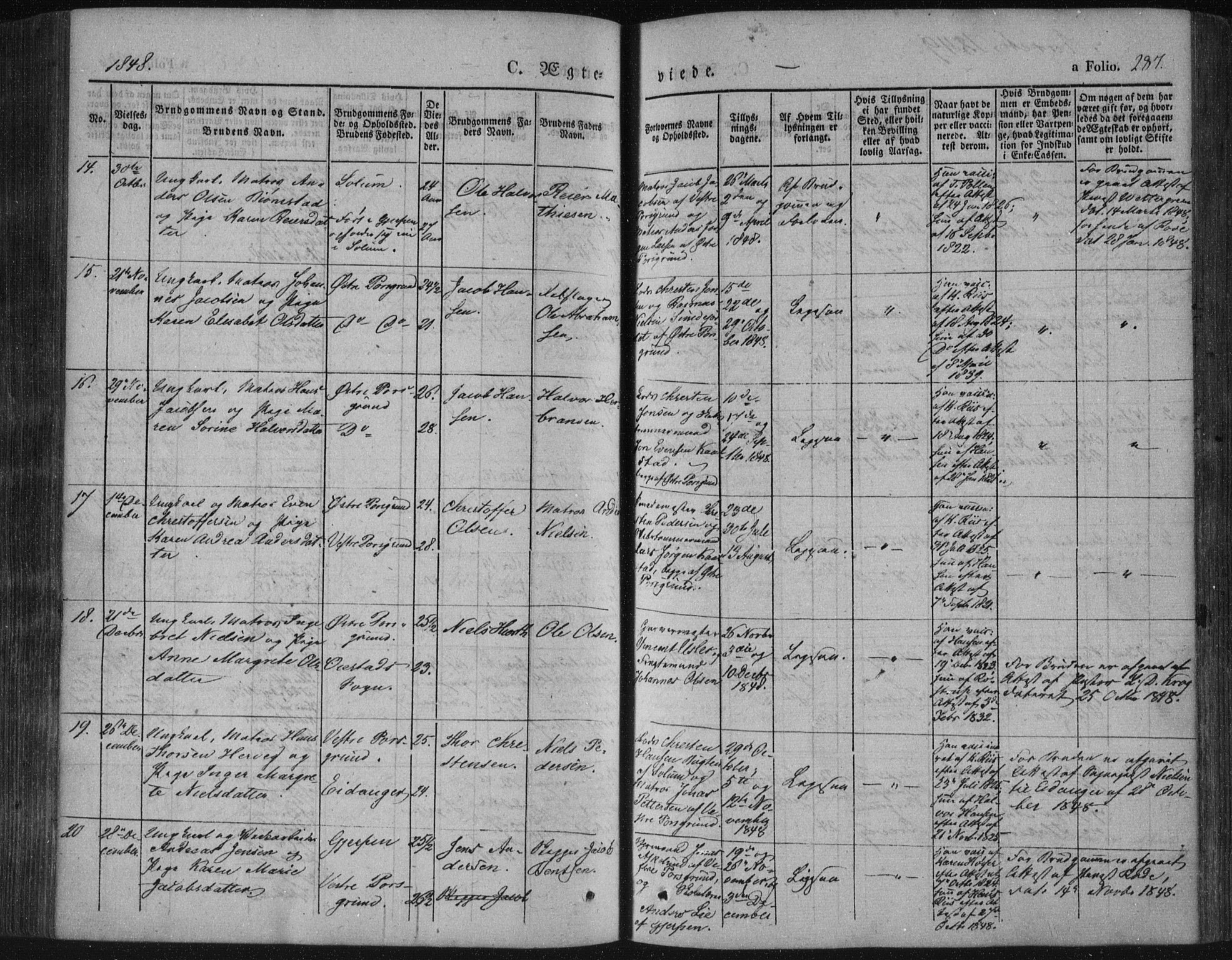 Porsgrunn kirkebøker , AV/SAKO-A-104/F/Fa/L0006: Parish register (official) no. 6, 1841-1857, p. 287