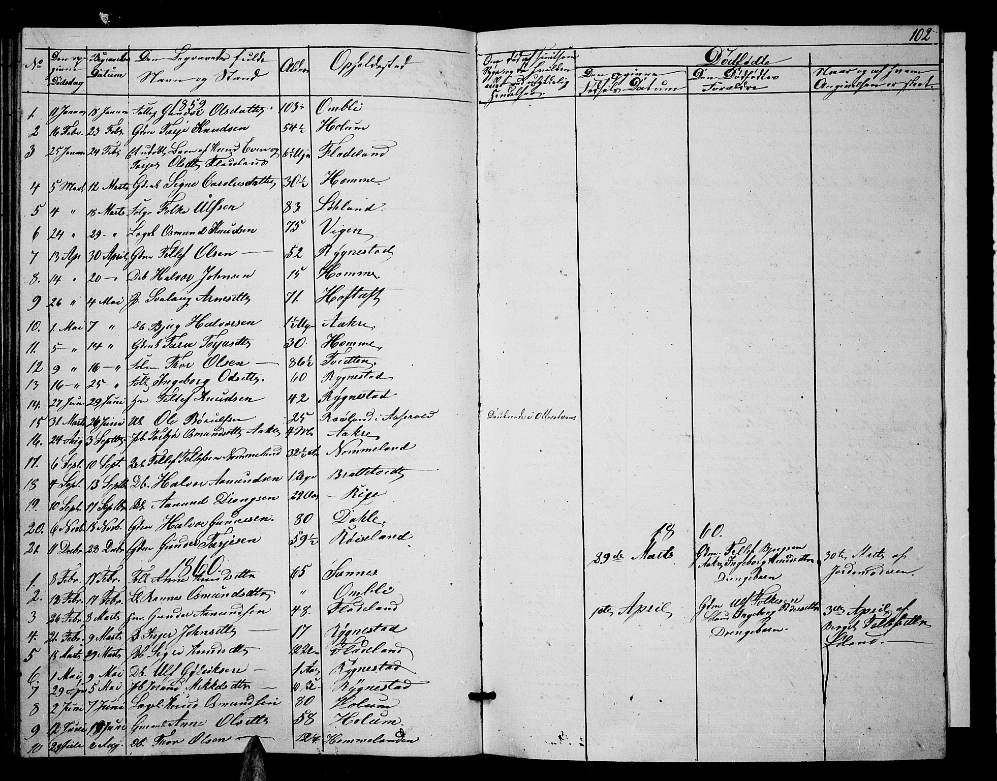 Valle sokneprestkontor, SAK/1111-0044/F/Fb/Fbc/L0002: Parish register (copy) no. B 2, 1848-1870, p. 102