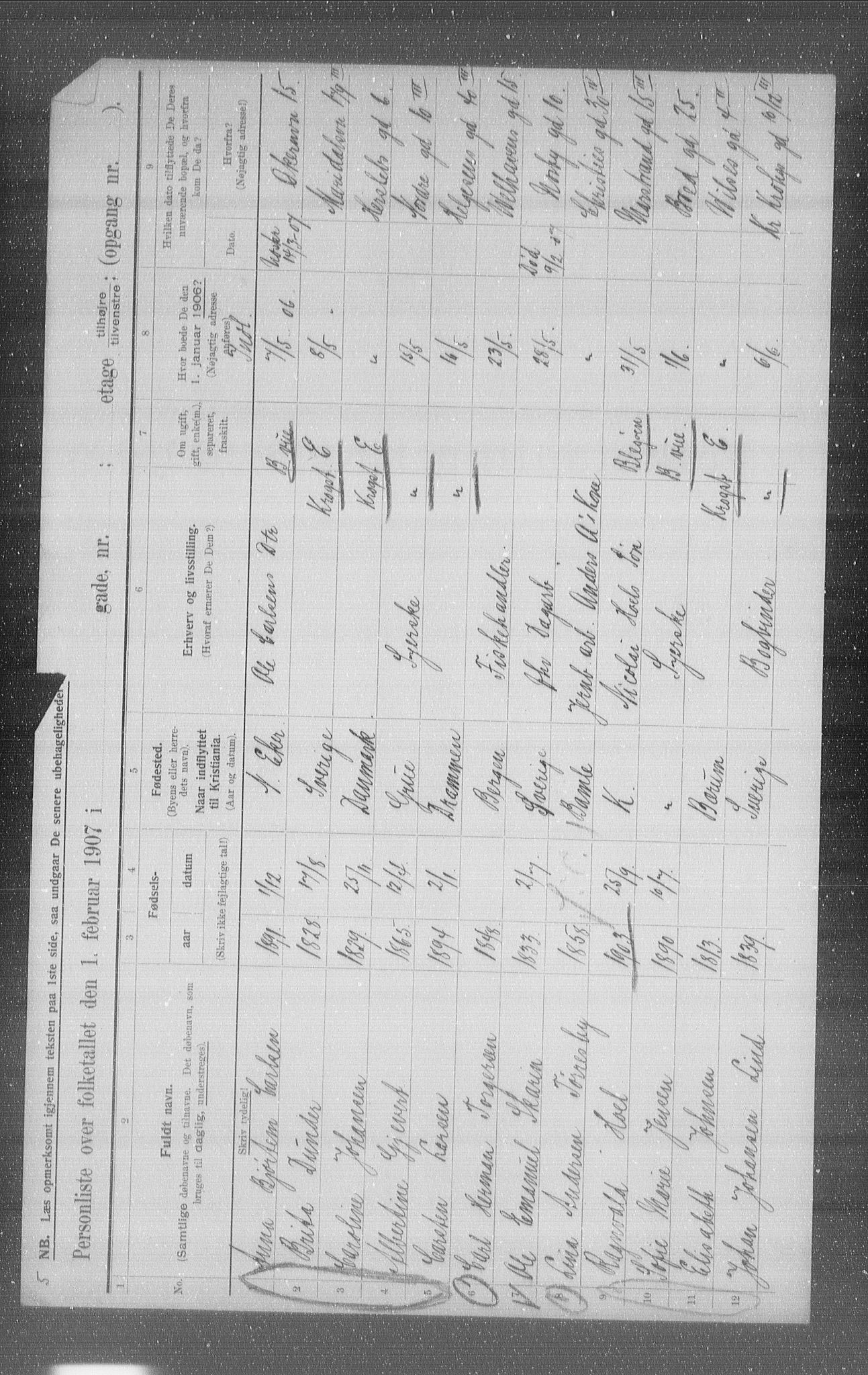 OBA, Municipal Census 1907 for Kristiania, 1907, p. 60406