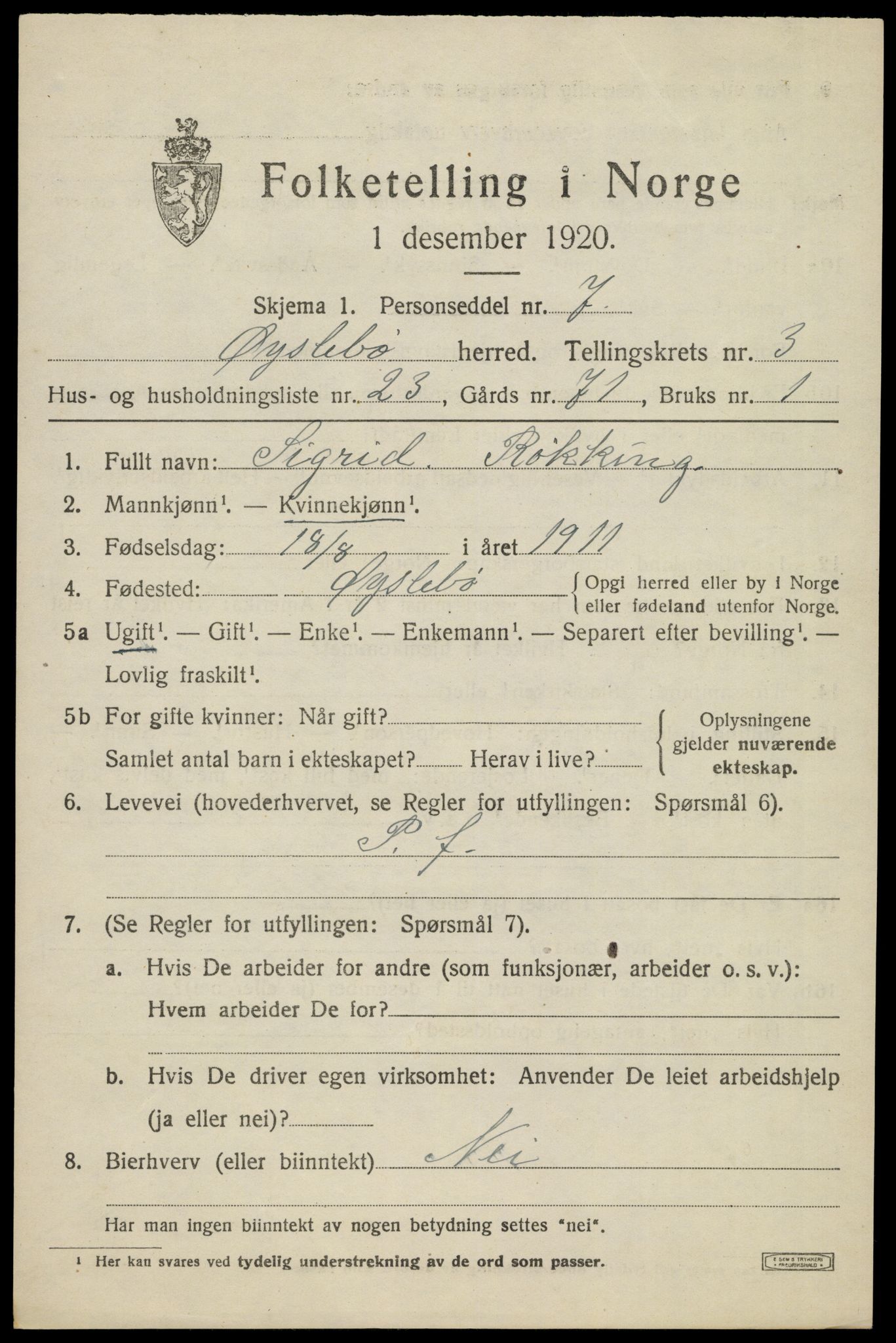 SAK, 1920 census for Øyslebø, 1920, p. 1122