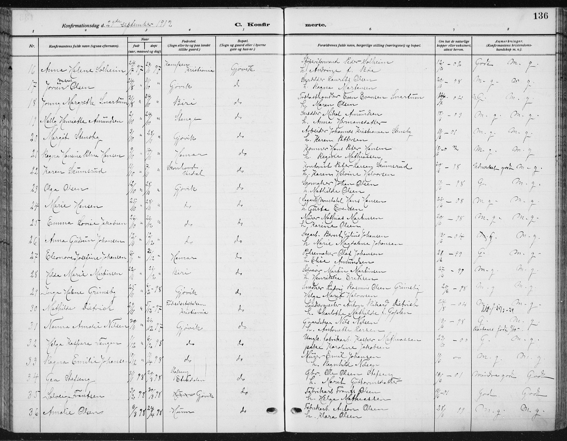 Vardal prestekontor, SAH/PREST-100/H/Ha/Haa/L0014: Parish register (official) no. 14, 1912-1922, p. 136