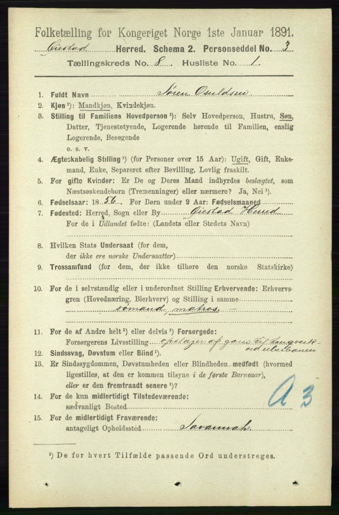 RA, 1891 census for 0920 Øyestad, 1891, p. 3189