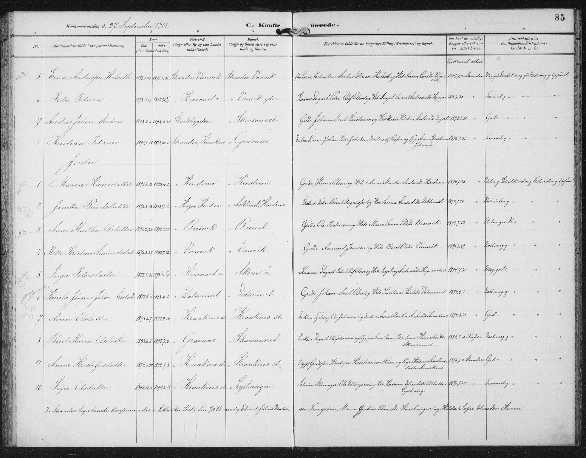 Ministerialprotokoller, klokkerbøker og fødselsregistre - Nord-Trøndelag, SAT/A-1458/702/L0024: Parish register (official) no. 702A02, 1898-1914, p. 85