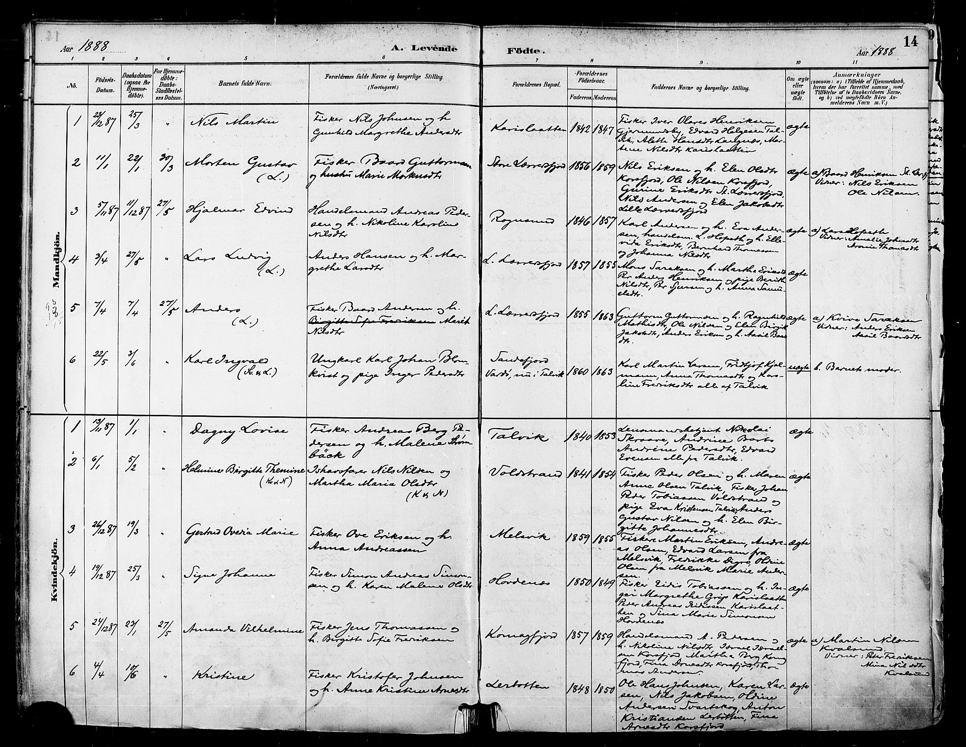 Talvik sokneprestkontor, AV/SATØ-S-1337/H/Ha/L0013kirke: Parish register (official) no. 13, 1886-1897, p. 14