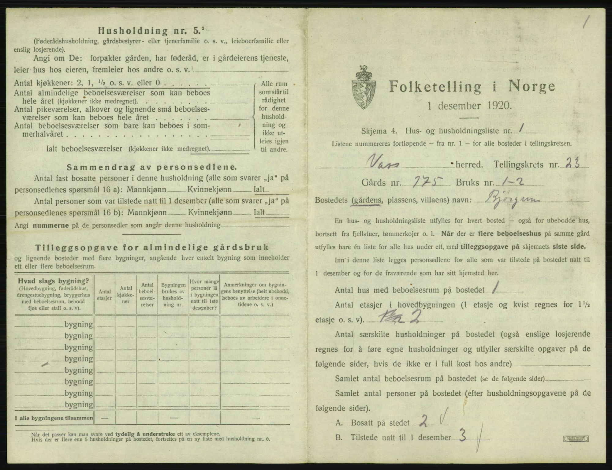 SAB, 1920 census for Voss, 1920, p. 2013