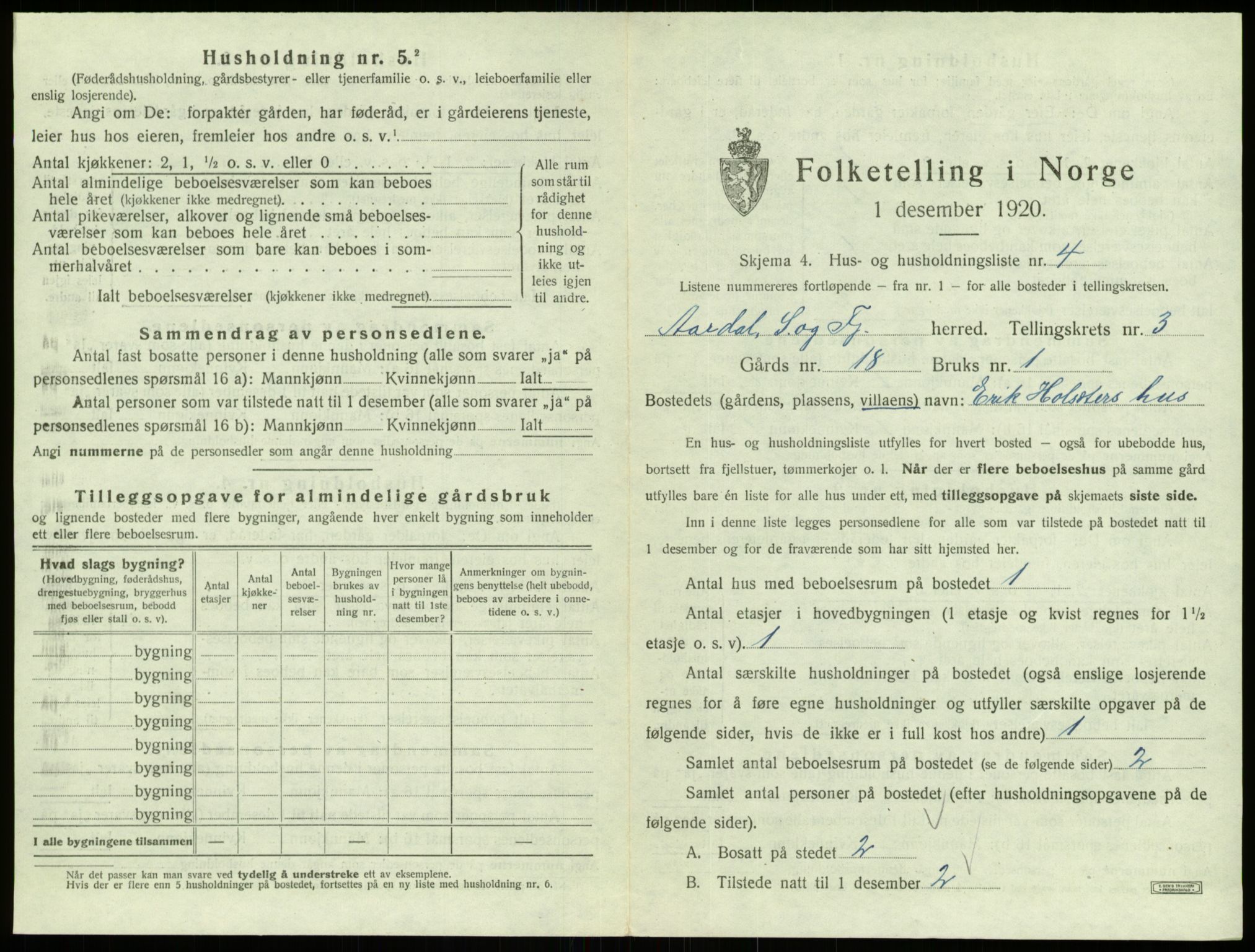 SAB, 1920 census for Årdal, 1920, p. 204