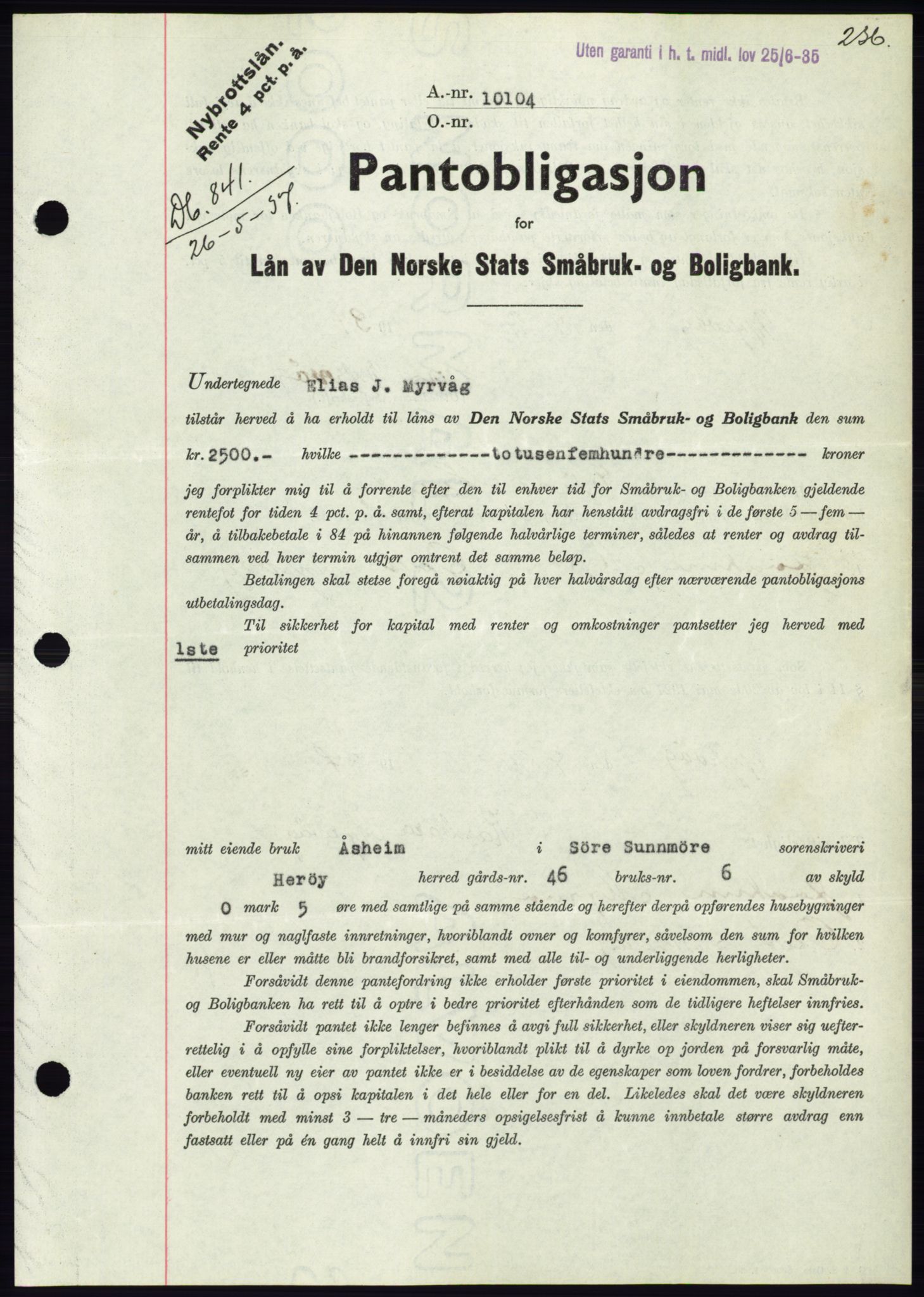 Søre Sunnmøre sorenskriveri, AV/SAT-A-4122/1/2/2C/L0063: Mortgage book no. 57, 1937-1937, Diary no: : 841/1937